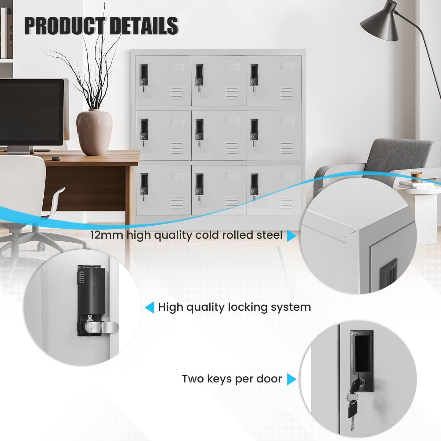 Greenvelly 9 Door Storage Locker for Employee, Metal Locker for Office, Gym, Shool,Lockable Black Steel Locker with Lock and Card Slot for Home,Garage