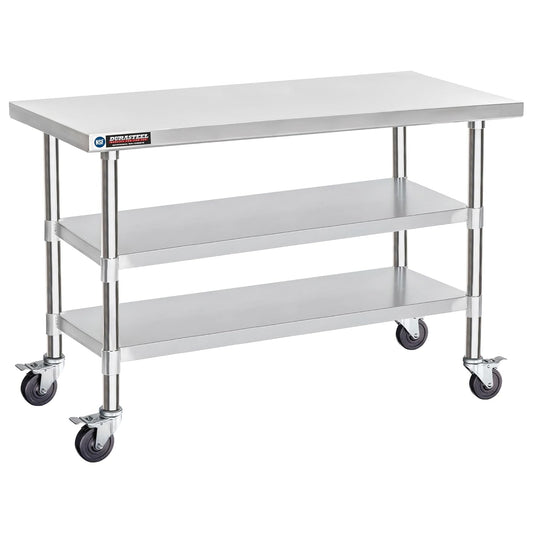 DuraSteel Stainless Steel Work Table 30" x 60" x 34" Height w/ 4 Caster Wheels - Food Prep Commercial Grade Worktable - NSF Certified - Good for Restaurant, Business, Warehouse, Home, Kitchen, Garage