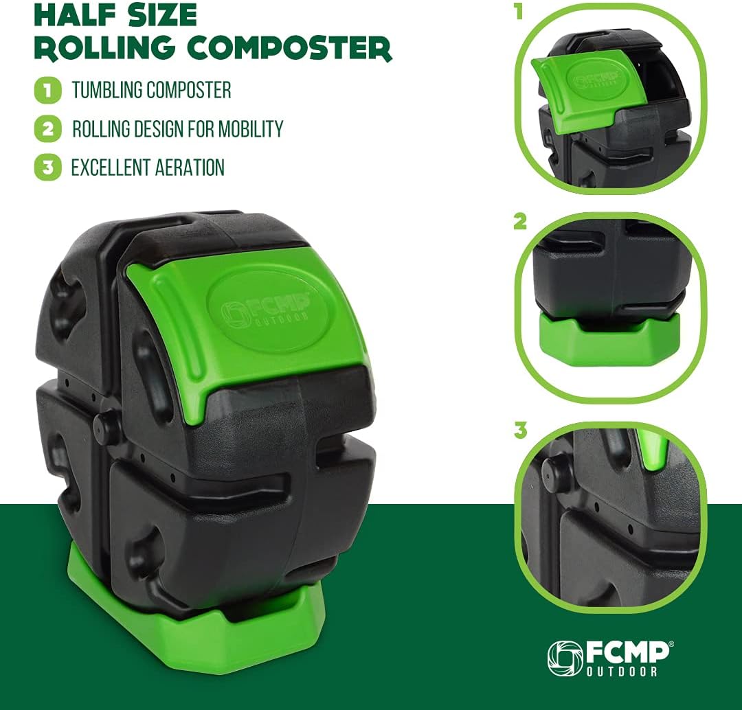 FCMP Outdoor HOTFROG Half Size Rolling Single Chamber Batch Tumbling Composter - Outdoor Rotating Garden Compost Bin (HF-RC2000WB-GRN) Black & Green (19-Gallon)