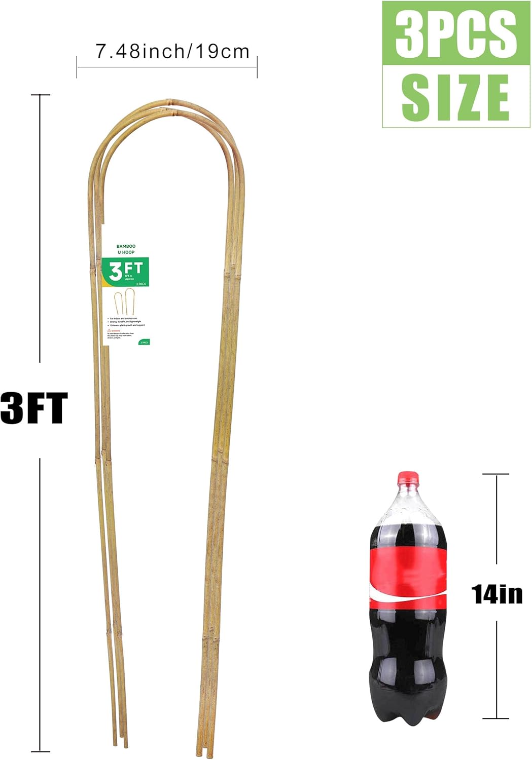 3ft Natural U-Hoops Bamboo Trellis U-Shaped Garden Trellis for Climbing Plants, Vines, Ivy, Flowers, and Potted Plants 3pcs