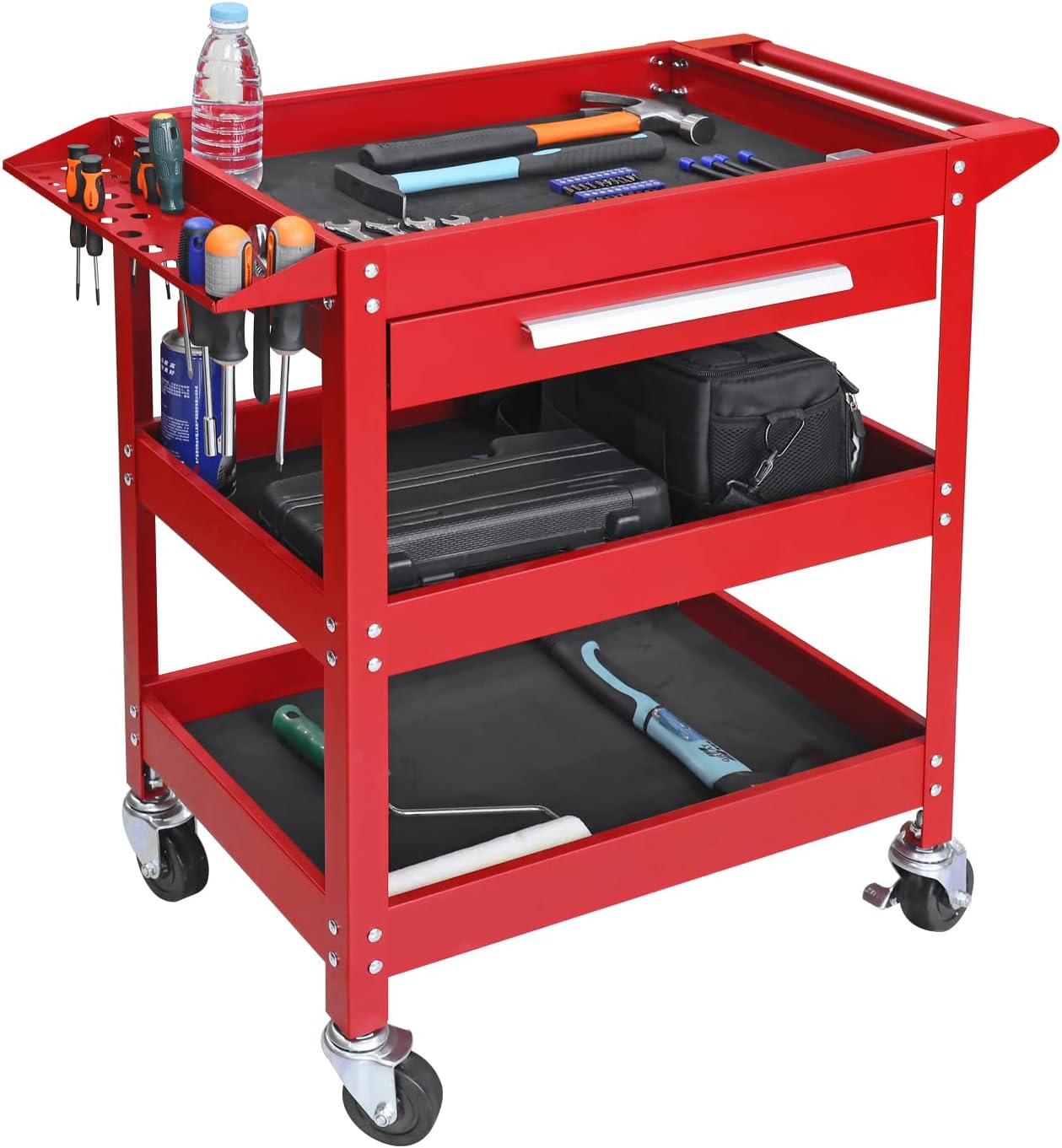 GSTANDARD APTB311R Torin Rolling Tool Cart with Drawer: 3 Layer Tool Oragnizer with Foam Pad and Heavy Duty Utility Cart with Four Swivel Casters, Red