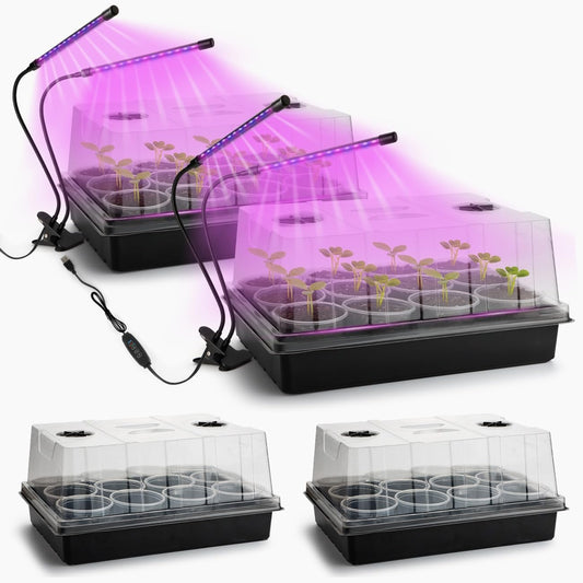 50p 3.5" Clear Nursery Pots with 4p Trays and 2p Adjustable LED Grow Lights – Transparent Plant Pots with Drainage Holes, Complete Seed Starter Kit with 5" Tall Humidity Dome for Plant Propagation