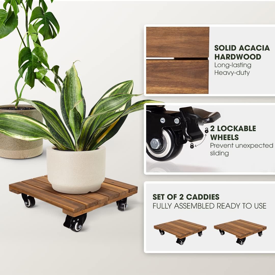 Idzo 2-Pack 14 Inch Wood Plant Caddy with Wheels Heavy Duty, 264 lbs Acacia Hardwood Plant Caster Dolly Rolling Stand with 360° Lockable Wheels for Heavy Plant Pots and Outdoor Use