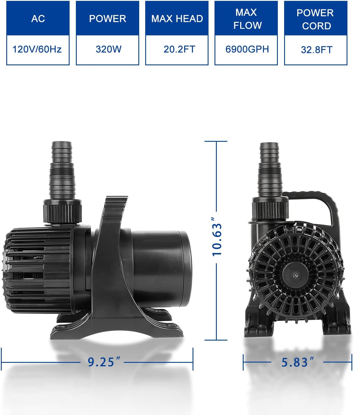 OYO WATER Outdoor Large 6900gph-320W 32.8FT Pond Water-fall & Kio Fish Fountain-s & Garden Pump Submersible IPX8: Long 32.8FT Cord Smart-er & Quieter Duck & Yard&Patio Ponds Pumps, 1 Barrier Pump Bag