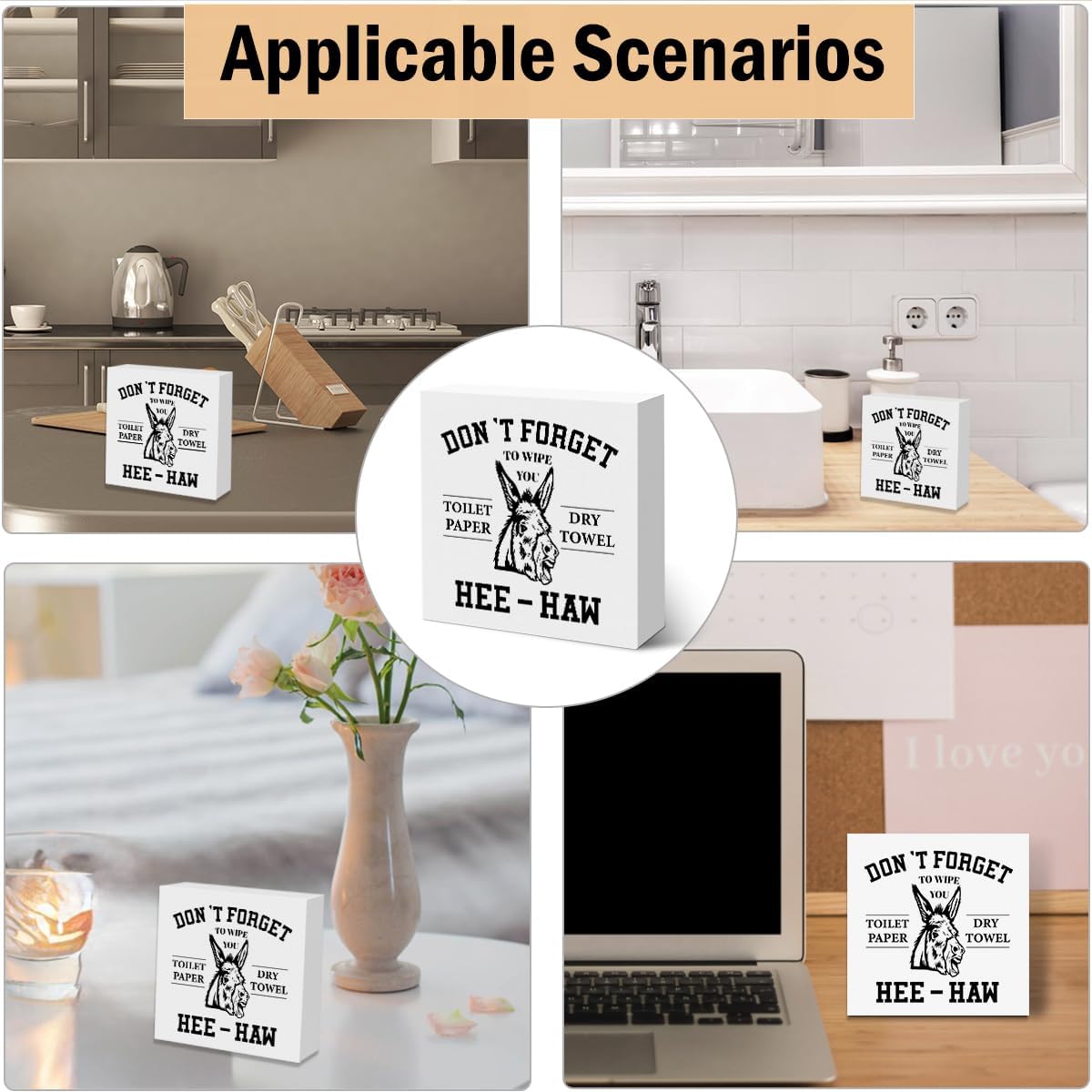 Funny Bathroom Signs Wooden Box Sign, Donkey Humorous wooden Signs, Don't Forget to Wipe Your Toilet Paper, Funny Bathroom Decor for Home Desk Shelf Tabletop Toilet