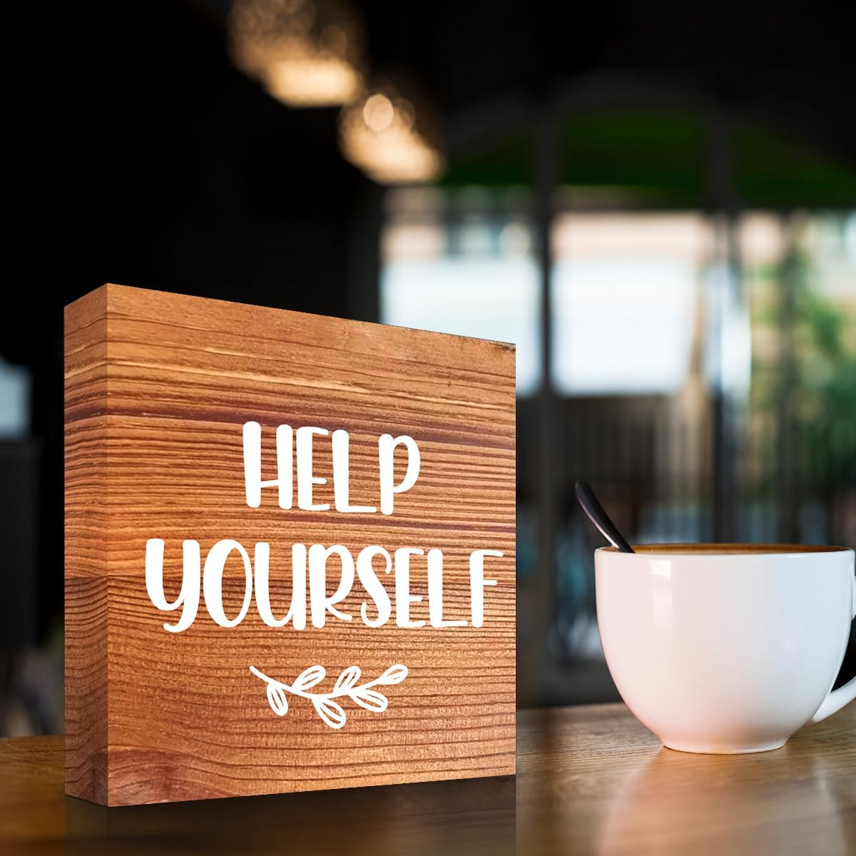 Help Yourself Brown Wood Block Sign Desk Decor,Rustic Wooden Box Plaque Sign for Home Bedroom Farmhouse Shelf Table Decor