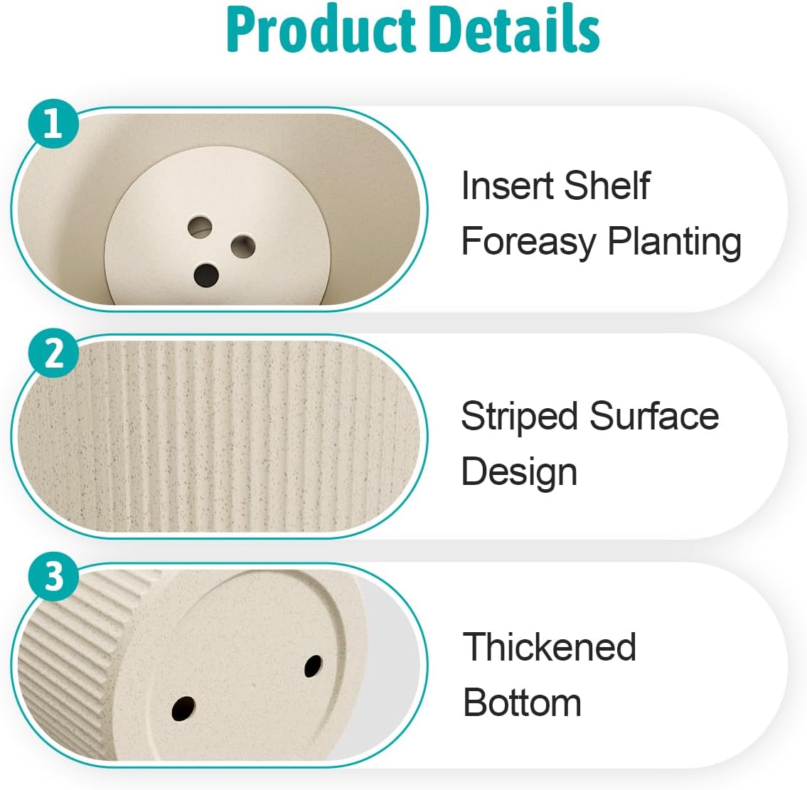 23.6" Tall Outdoor Planters, Set of 2 Large Plastic Flower Pots for Indoor & Outdoor Use, Modern Striped Decorative Garden Planters with Drainage Holes for Patio, Porch, Balcony, Beige