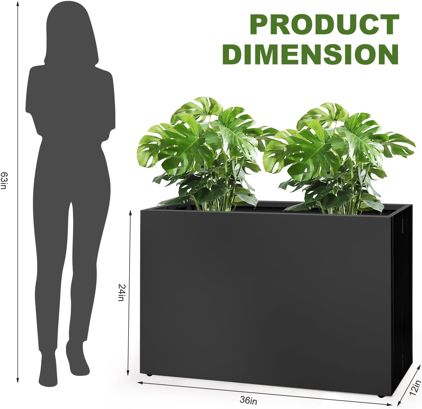 Galvanized Steel Planter Box - No Installation Required Metal Rectangular Block Long Box Planter Modern Outdoor Planters All-Weather Use with Drainage Holes for Patio/Porch, 36×24×12IN