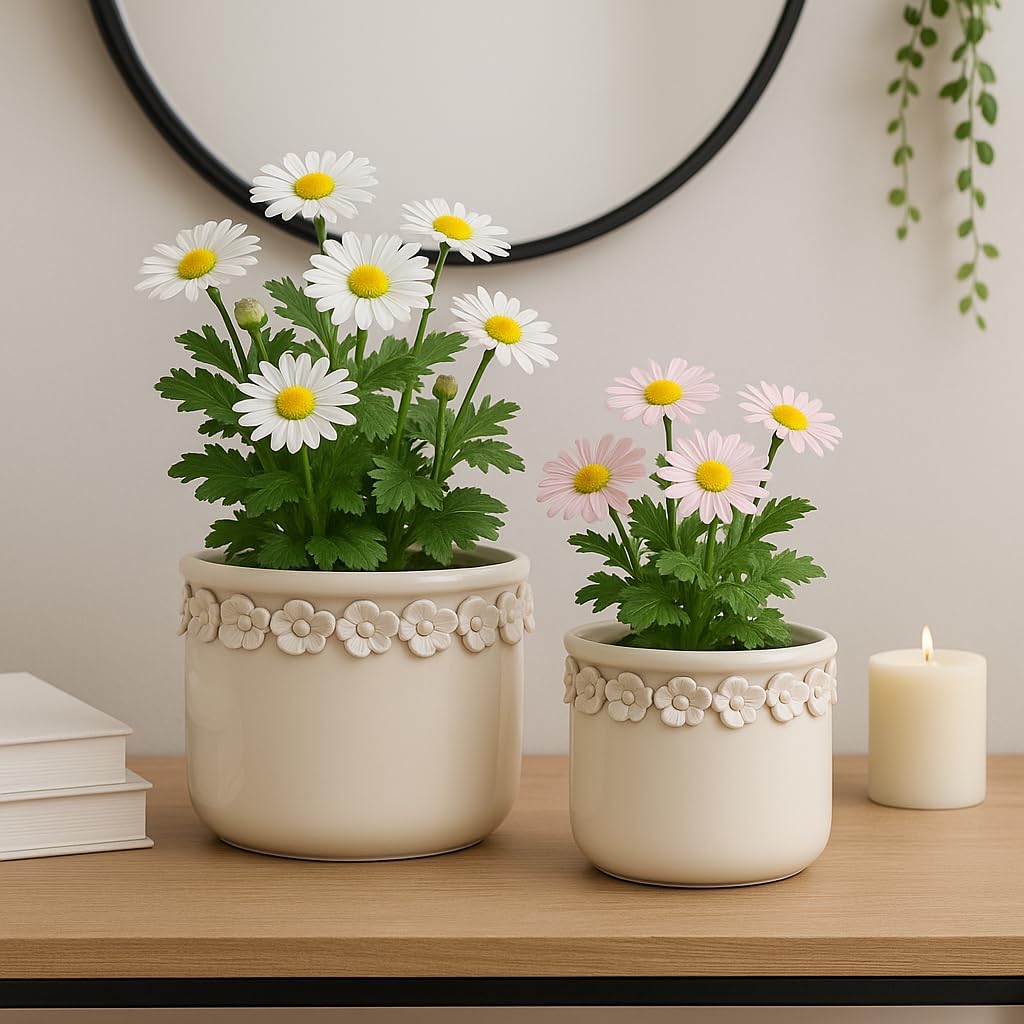 Decorative Flower Pot for Home Decor – Ceramic Indoor or Outdoor Planter with Sculpted Floral for Succulents or Houseplants – Pot for Plants for Garden, Patio, or Room Decor; Set of 2 – 7", 6" Ivory