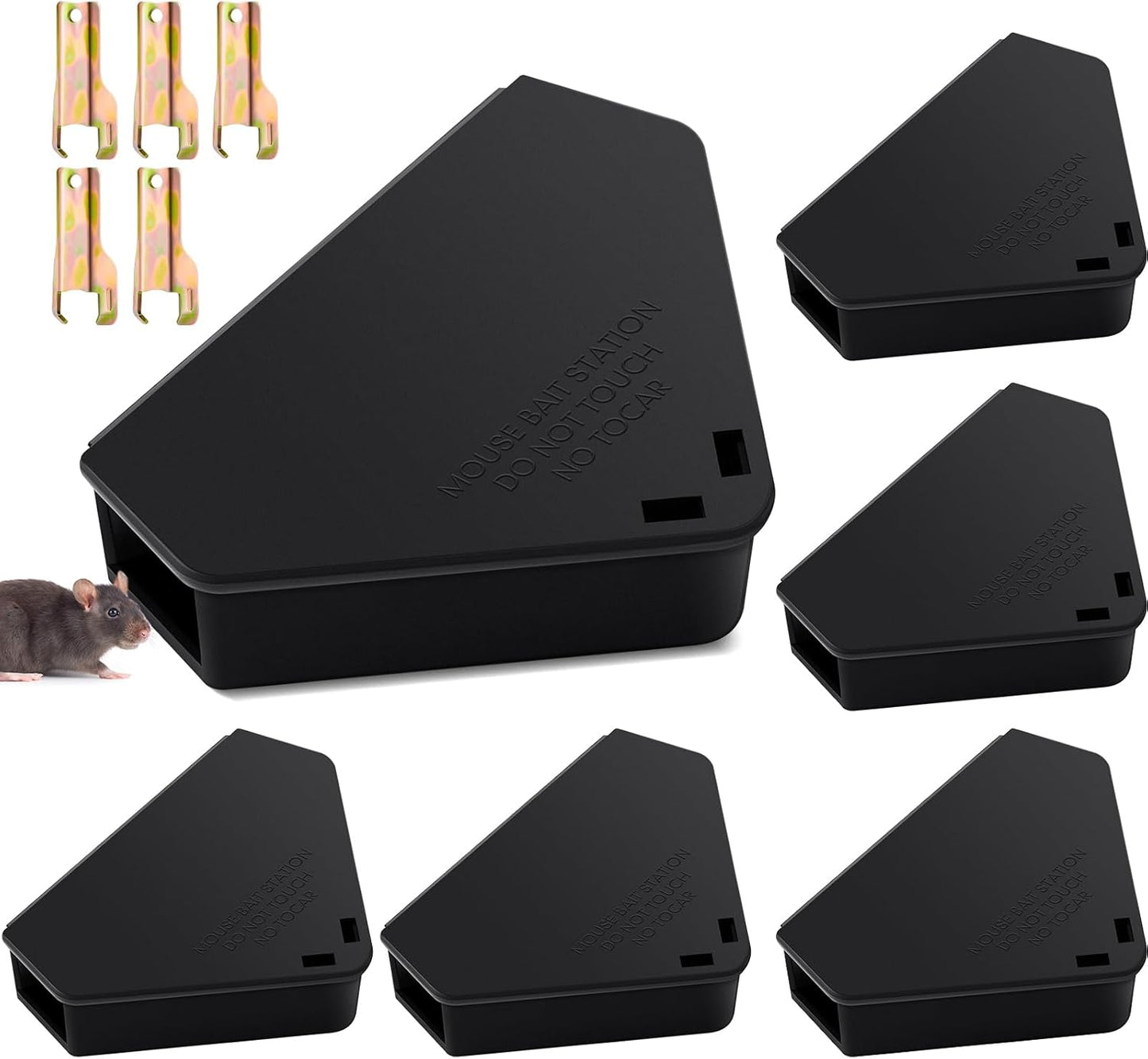 Qualirey 6 Pcs Mice Station with Key Triangle Bait Station Reusable Rodent Trap Bait Box, Keeps Children and Pets Safe Indoor & Outdoor, Bait Not Included, Suitable for Small Mice (Black)
