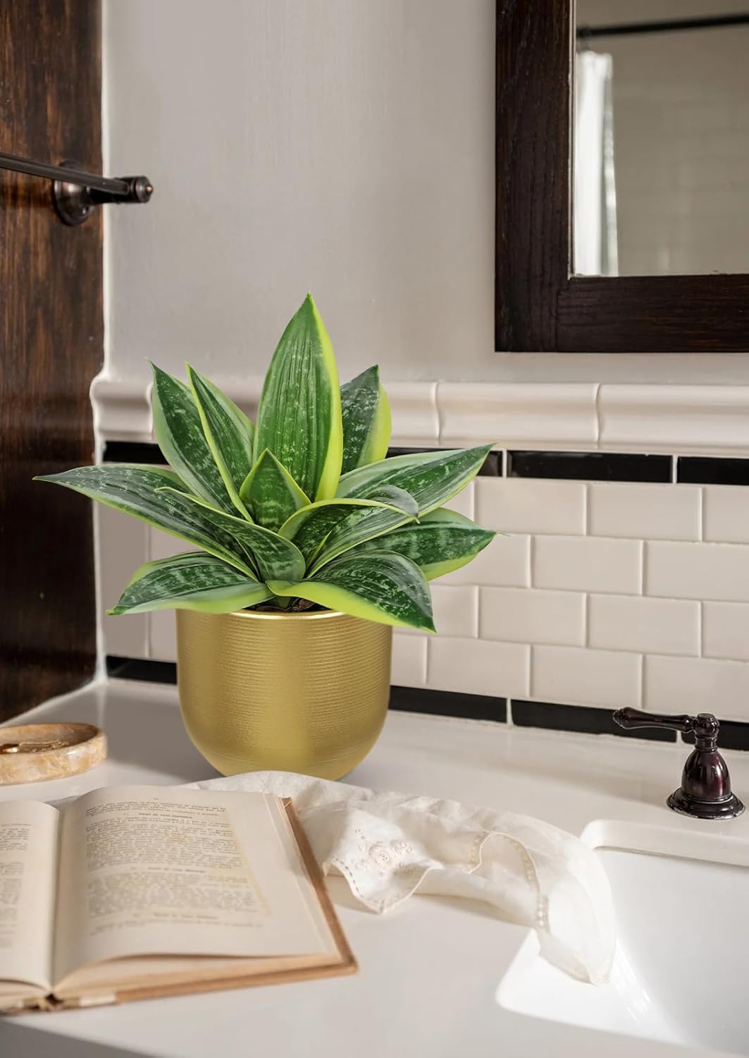 Hollyone Artificial Snake Plants 9" Faux Agave Succulent Plant Potted in Gold Pot Fake Sansevieria Aloe Tropical Plant for Desk Modern Office Home Bathroom Indoor Outdoor Decor