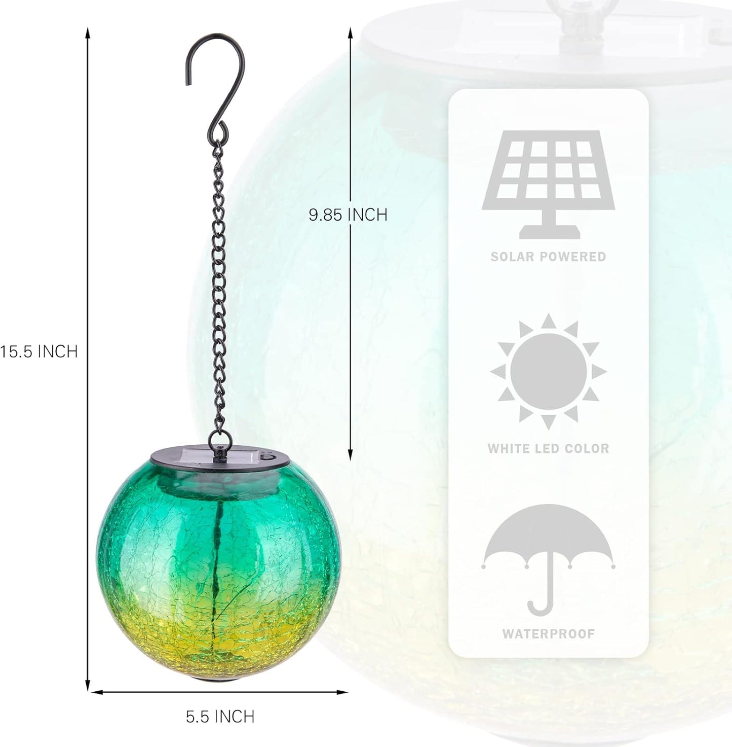 Hanging Solar Lights Outdoor Solar Lanterns Outdoor Decorative Cracked Glass Ball Lights Solar Powered Waterproof LED Globe Lantern for Outdoor Porch Patio Garden Decor Gift Green