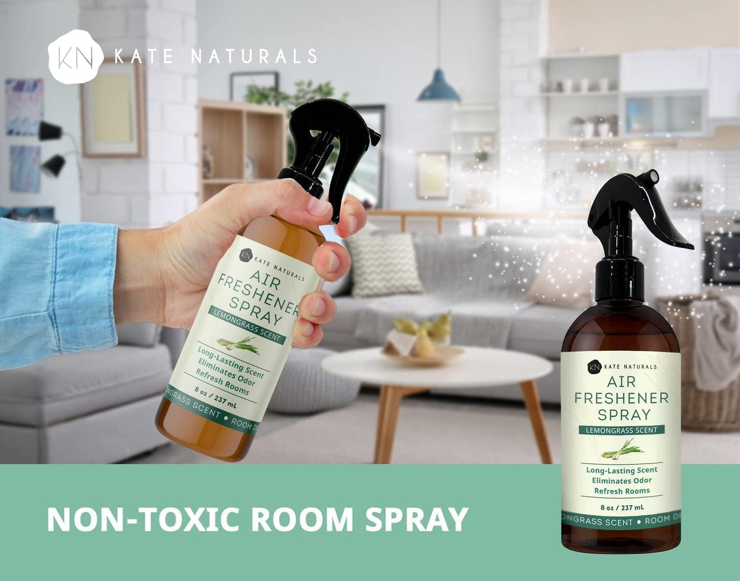 Kate Naturals Air Freshener Spray for Home. Lemongrass Essential Oil Odor Eliminator Room Freshener Spray for Pillows, Bedding, Linen (8 fl oz, Pet Safe, Non-Toxic)