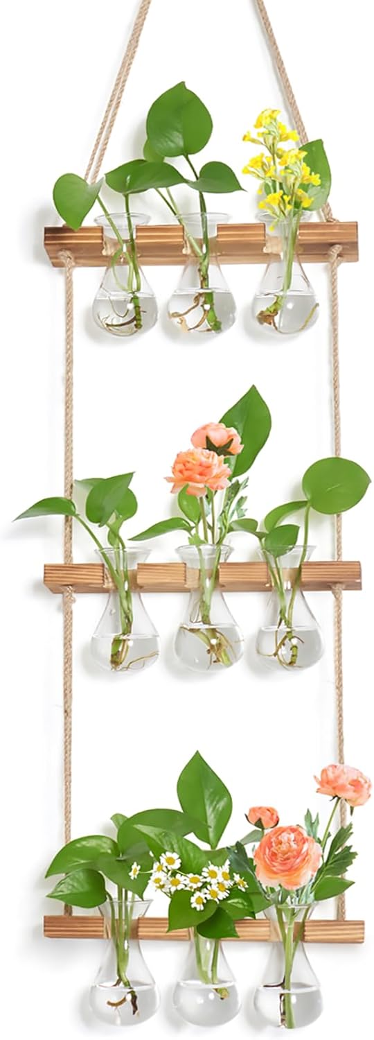 3 Tiered Plant Propagation Station - Wall Hanging Terrarium with Wooden Stand Indoor 9 Teardrop Vase Glass Planter for Hydroponic Plants Cutting Flower Plant Lover Gift