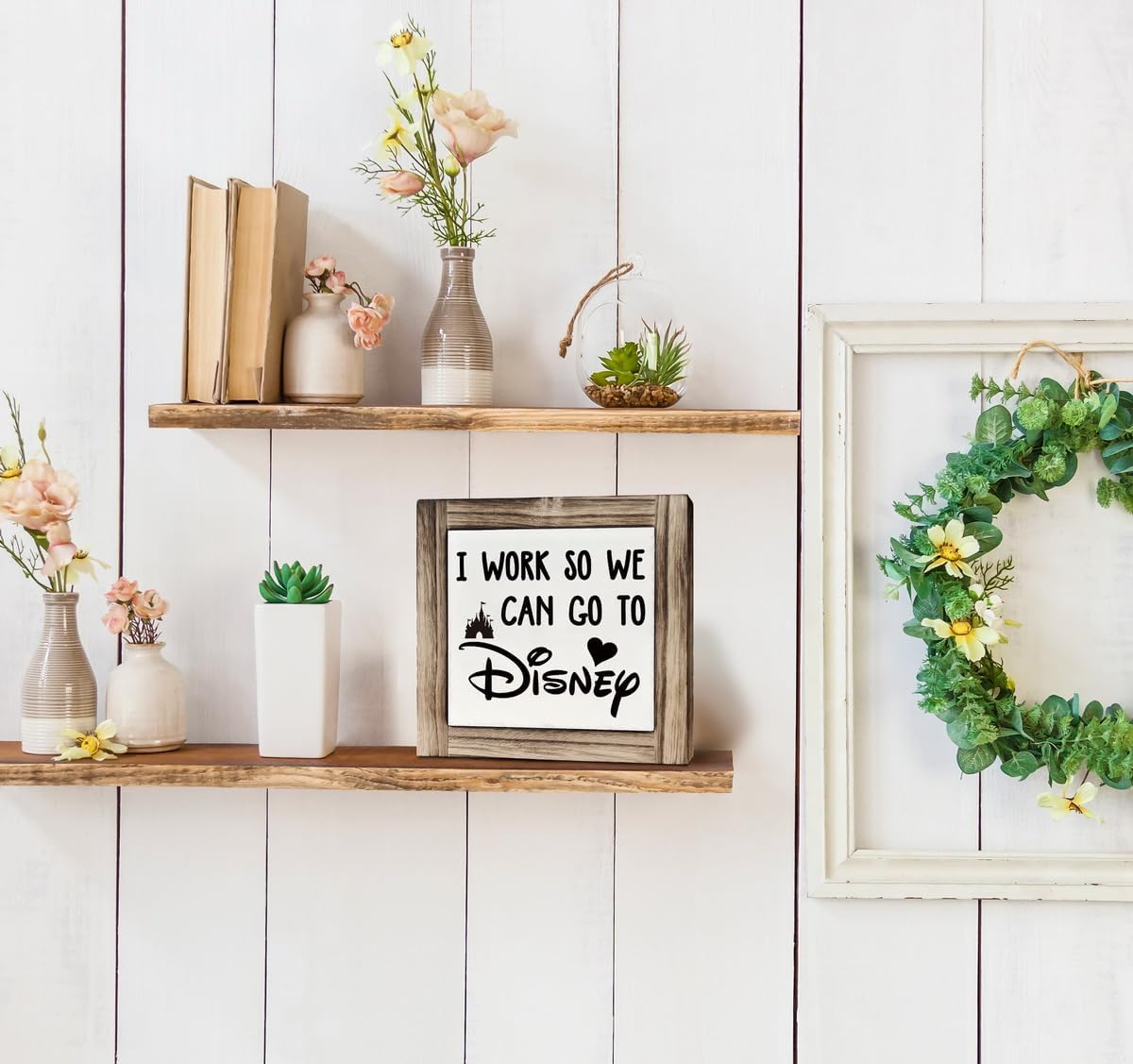 Inspirational Wood Signs, Box Wood Plaques Desk Décor, Decorative Plaques and Signs, Rustic Office Decor Art, Motivational Office Desk Decor, Farmhouse House Decoration, I Work So We Can Go to Disney