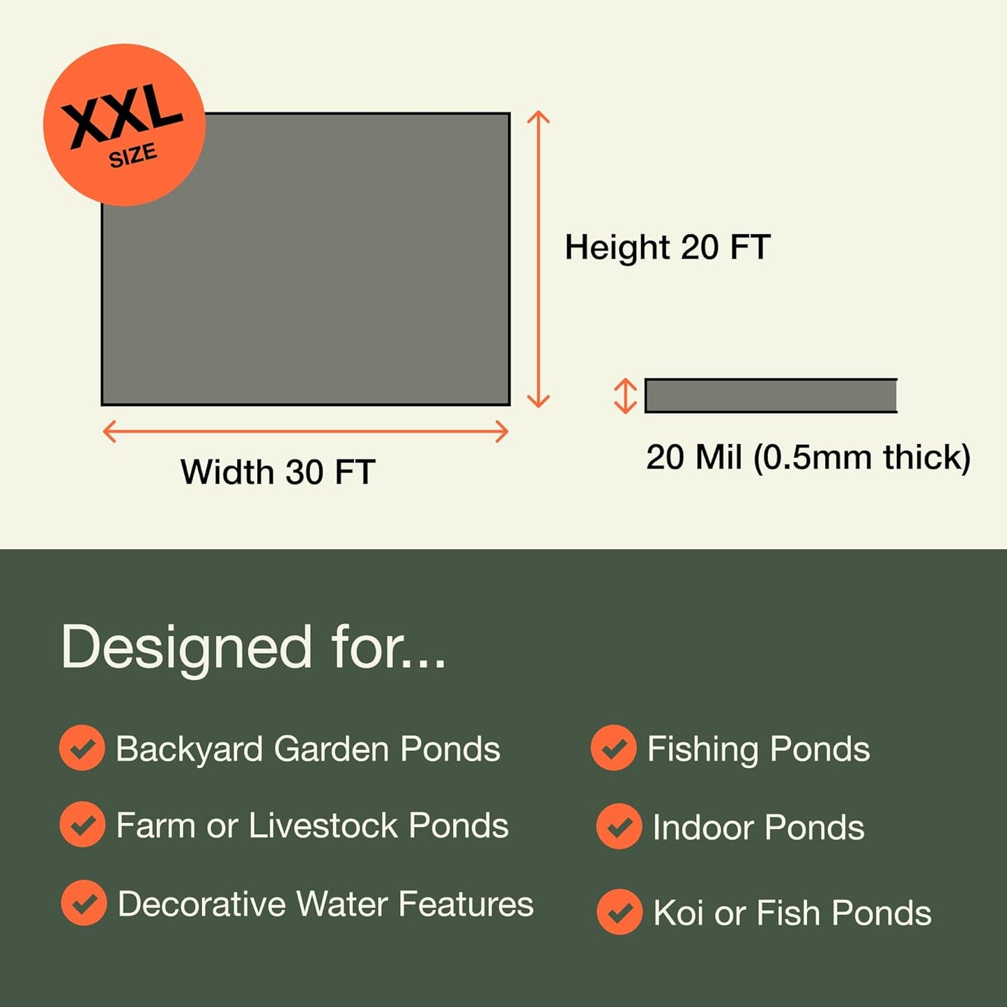 MaPorch HDPE Pond Liner - 20 ft x 30 ft, 20 Mil, Black - Tear-Resistant & UV-Resistant for Outdoor Waterfall - DIY Setup for Pond Fountain & Pool Liner - Fish & Plant Safe for Water Fountain