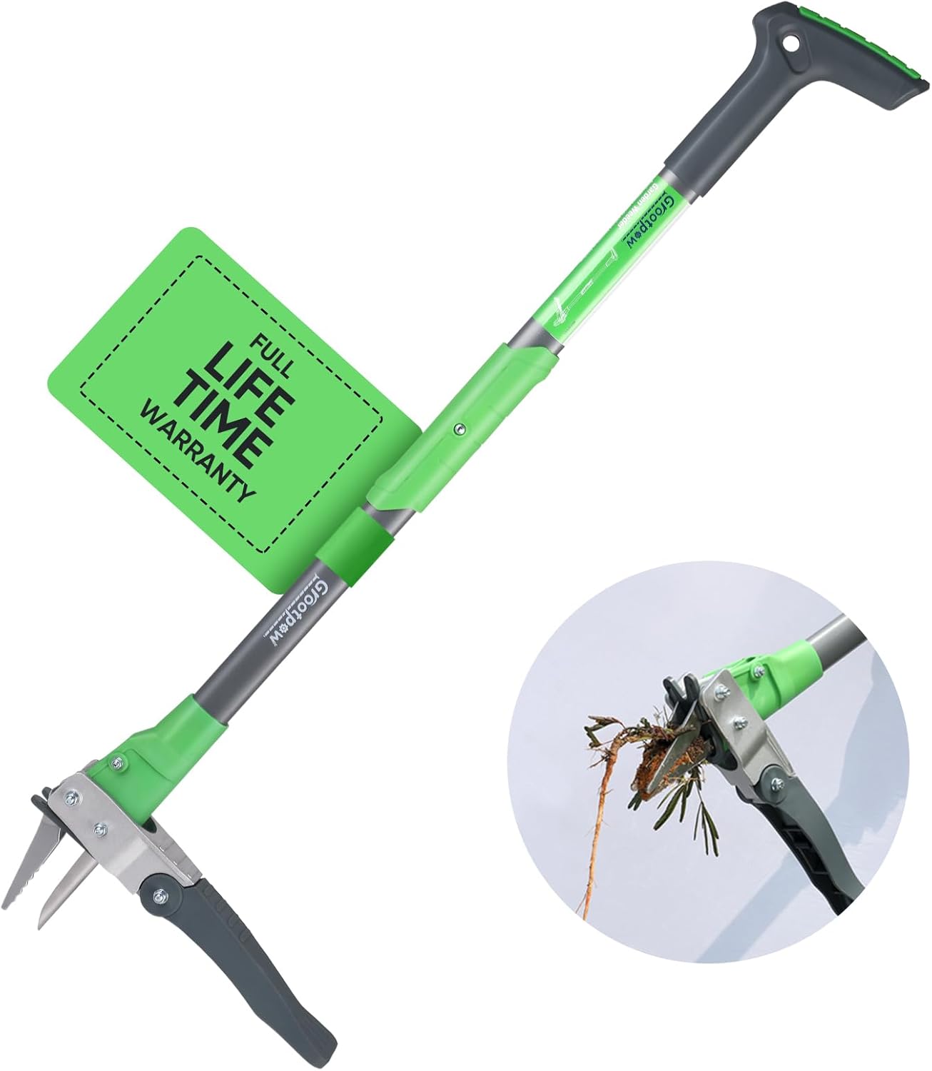 Grootpow WP5 Heavy Duty Weed Puller Tool, Stand Up Dandelion Weeder with 40" Handle, 3 Claws & Fiberglass Foot Pedal, Weeding Tool Made with Cast-Iron, Easily Remove Weeds Without Bending or Kneeling