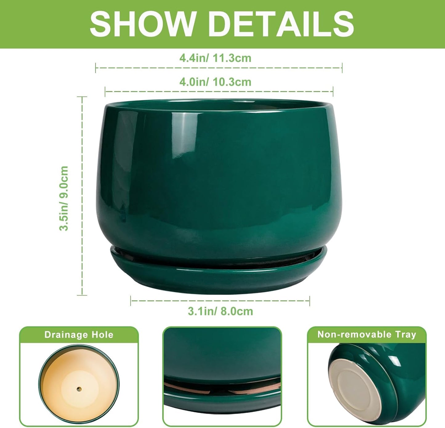 G EPGardening 4 inch Plant Pots - Small Ceramic Planter with Drainage Hole & Tray, Succulent Pots Indoor Outdoor, Round Modern Planter, Decorative Flower Pot, Desk Decor, Gifts for Plant Lover, Green