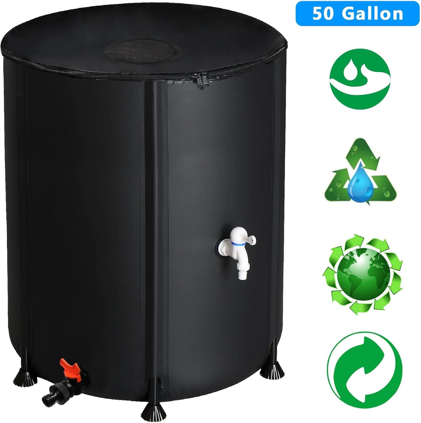 50 Gallon Collapsible Rain Barrel, Water Storage Tank, Portable Rainwater Collection System, Rain Catcher Barrel with Two Spigots and Overflow Kit, Rain Water Barrel Collector for Garden, Black