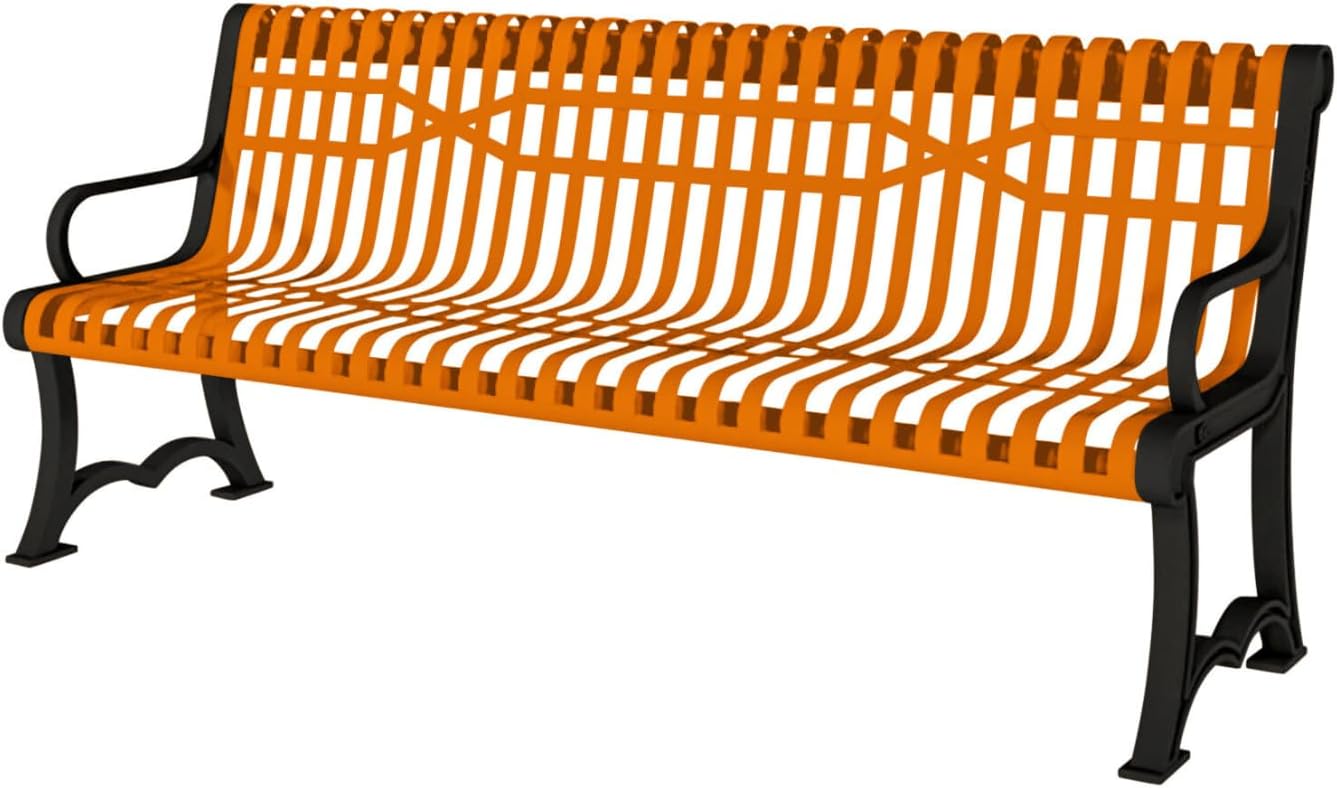 Coated Outdoor Furniture Heavy-Duty Outdoor Bench Thermoplastic Coated, Slatted Steel, Commercial-Grade Garden Bench, Made in America (Portable with Back, 4 Ft, Orange)