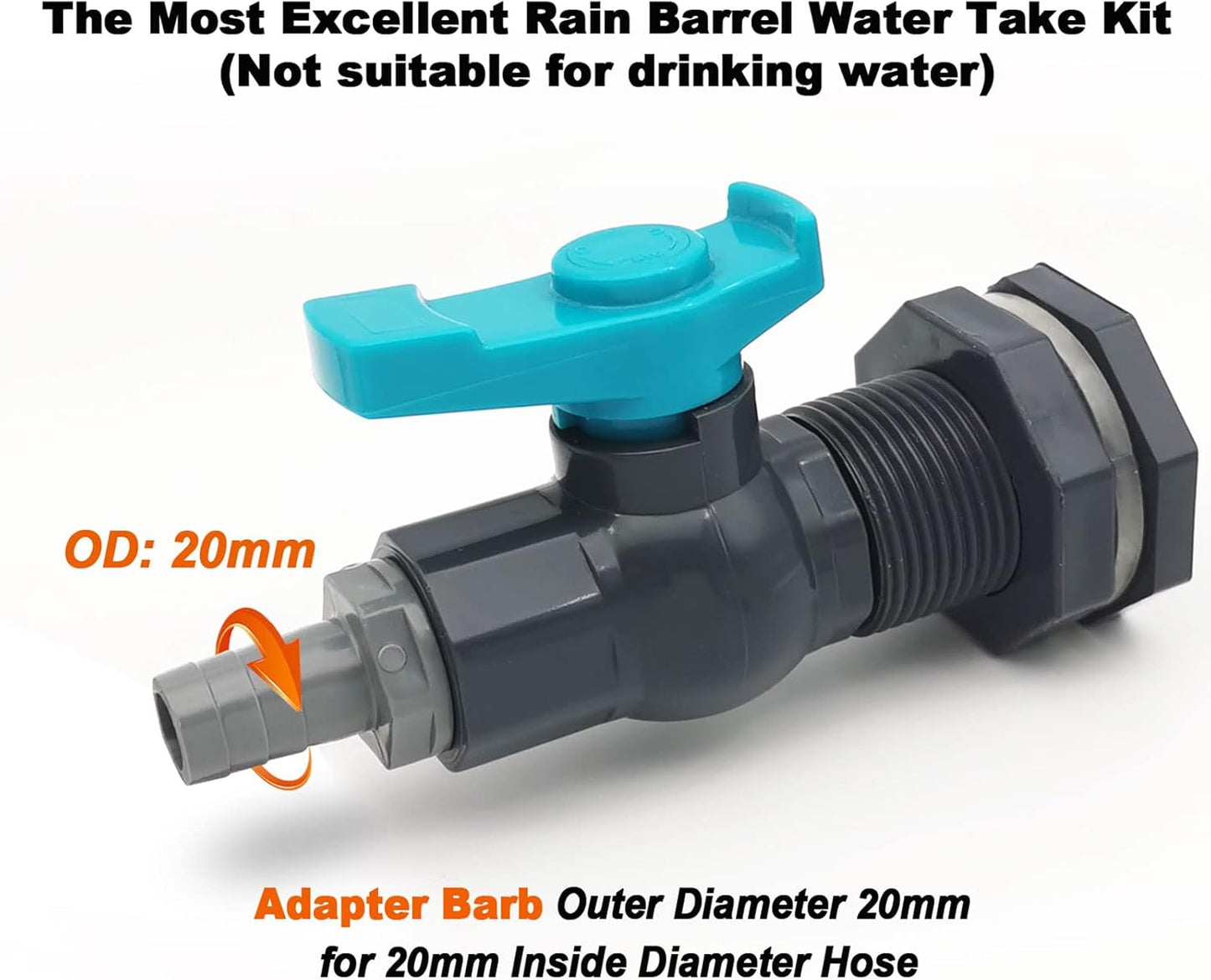 Rain Barrel Spigot PVC Faucet Kit Water Barrel Diverter Kit with Bulkhead Fitting,Ball Valve,Garden Hose Barb(20mm) Adapter,Pipe Clamps,Thread Seal Tape(kit for 20mm ID Hose)