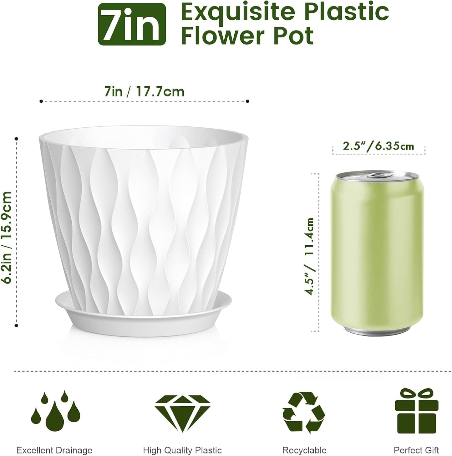 7 inch Plant Pots for Indoor Outdoor Plants, 5 Pack Thick Nursery Pots with Drainage Holes and Saucers, 3D Modern Wave Texture Plastic Planter Pots for Flowers and House Plants, White