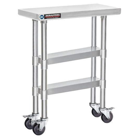 DuraSteel Stainless Steel Work Table 30" x 12" x 34" Height w/ 4 Caster Wheels - Food Prep Commercial Grade Worktable - NSF Certified - Good for Restaurant, Business, Warehouse, Home, Kitchen, Garage