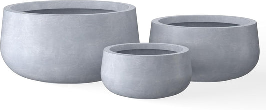Kante 19.6",15.7",11.8" Dia Round Concrete Planters Set of 3, Cement Plant Pots with Drainage Hole and Rubber Plug for Outdoor Indoor Garden Home, Modern Curvaceous Design, Gray