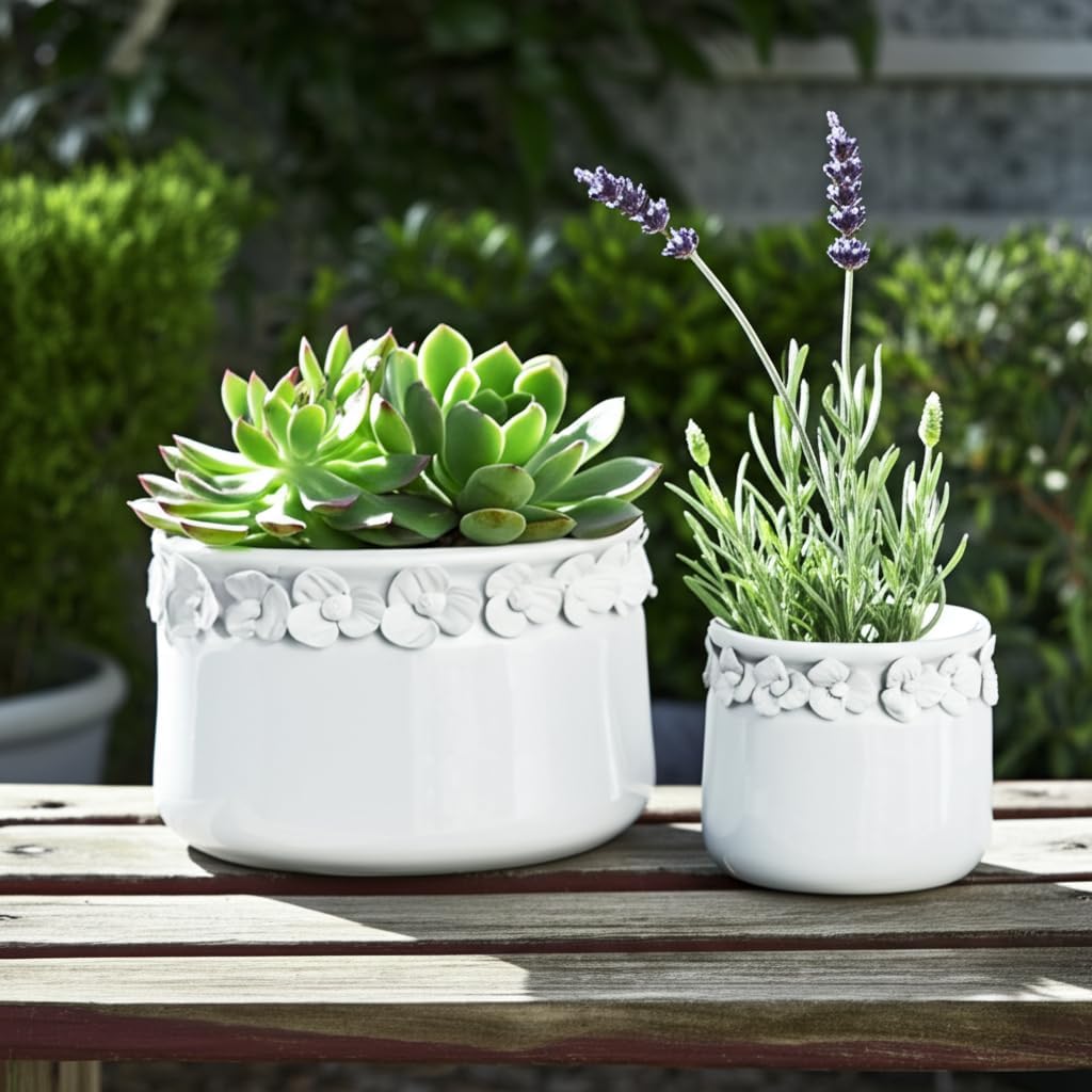 Decorative Flower Pot for Home Decor – Ceramic Indoor or Outdoor Planter with Sculpted Floral for Succulents or Houseplants – Pot for Plants for Garden, Patio, or Room Decor; Set of 2 – 7", 6" White