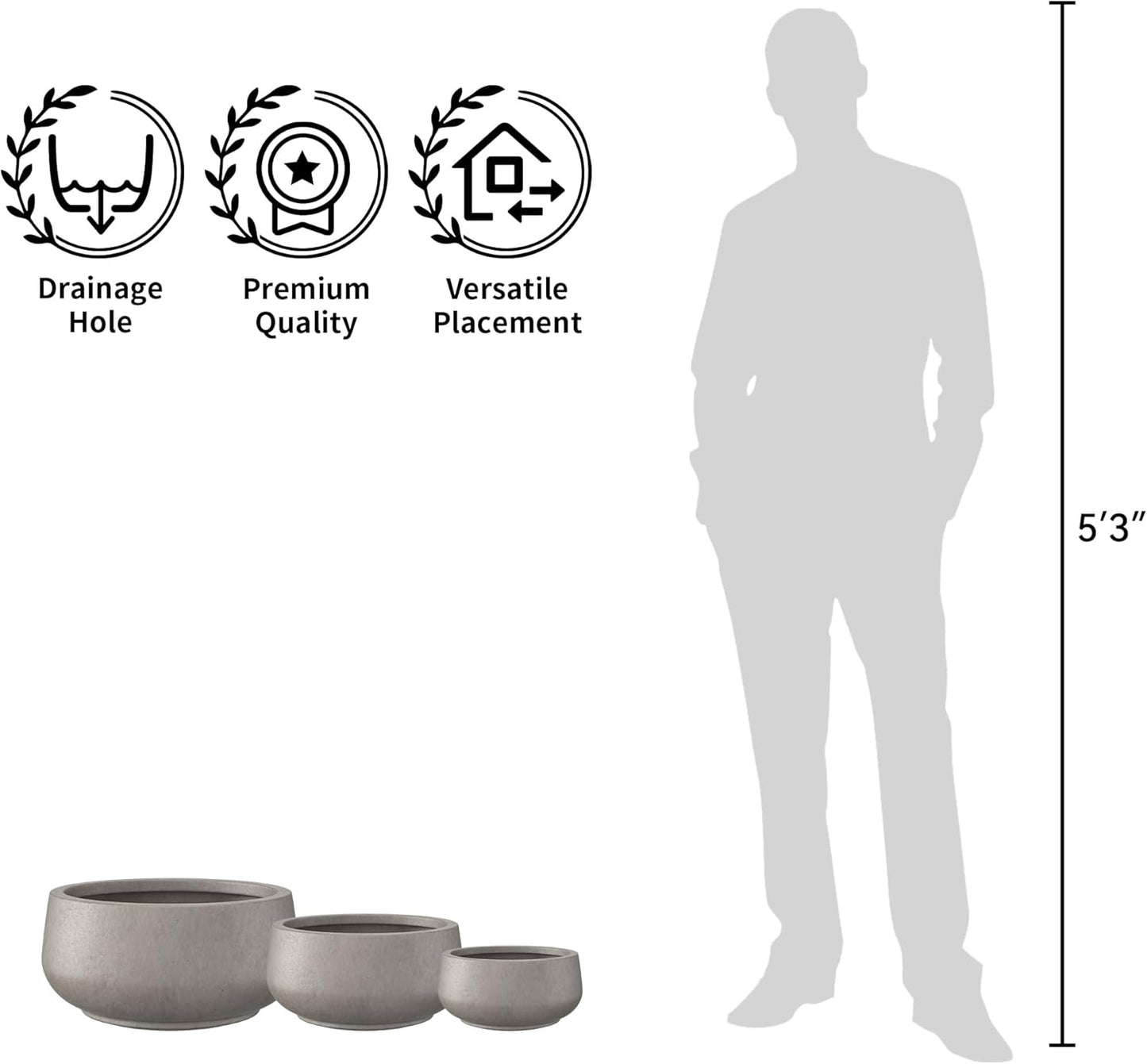 Kante 16.9" Dia Round Concrete Bonsai Planters, Outdoor Indoor Garden Plant Pot with Drainage Hole for Home, Patio, Garden, Weathered Concrete