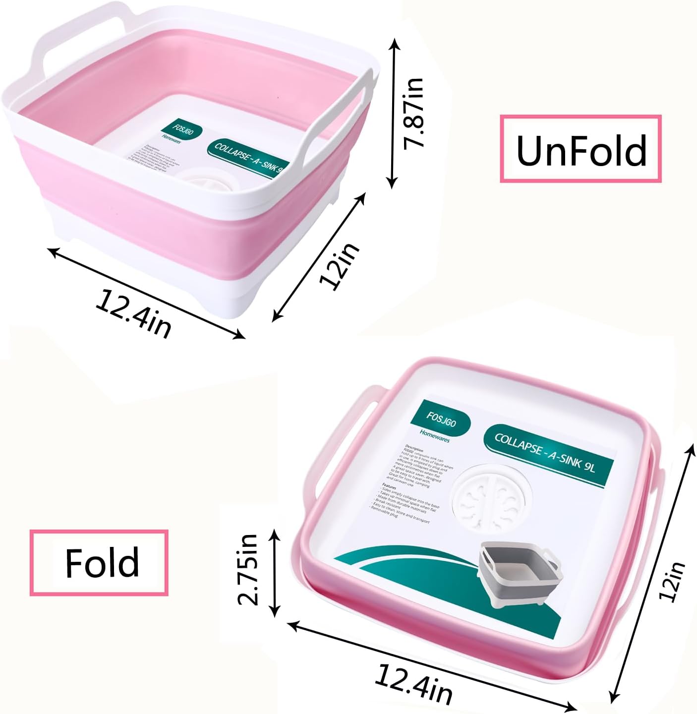 2.4 Gal(9L) Collapsible Dish Basin with Drain Plug,Space Saving Multiuse Foldable Sink Tub,Dishpan,Kitchen Sink for Camping,Plastic Tub,Vegetable Washing,RV…