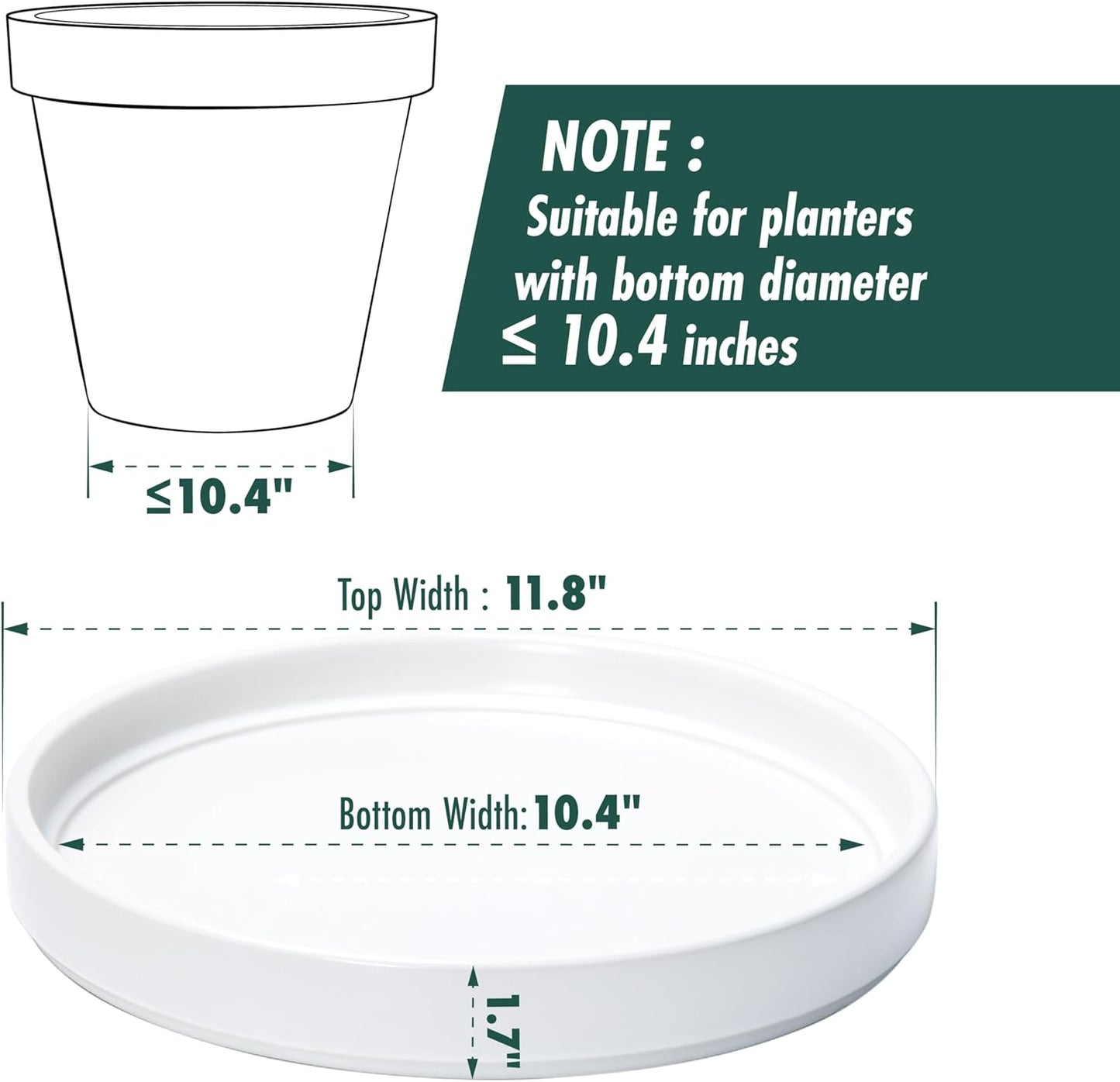D'vine Dev Modern Round 10.4 Inch Ceramic Plant Pot Saucer, Planter Pot Drainage Tray for Indoor Plants, Matte White, 97-T-A-5