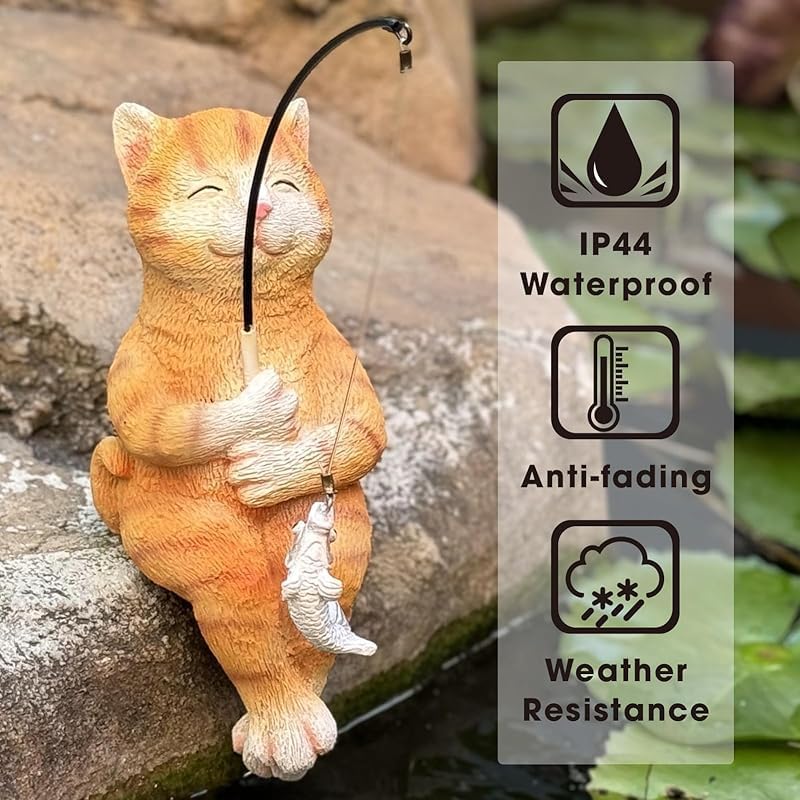 Cat Fishing Statue Garden Decor – 9.8" Weatherproof Resin Cat Fishing Sculpture Decor for Fish Ponds, Koi Ponds, Waterfalls, Poolside & Outdoor Gardens– Resin Figurine for Indoor & Outdoor Décor