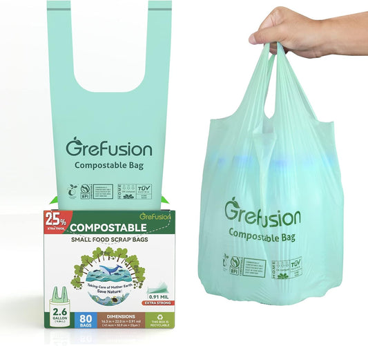 Compostable trash Bags, 2.6 Gallon,Thick 0.91 mils,Compost bin Kitchen,Food Scrap Waste Bags,Small trash bags for compost bin kitchen,Certified by BPI and OK Compost, (80 Count)