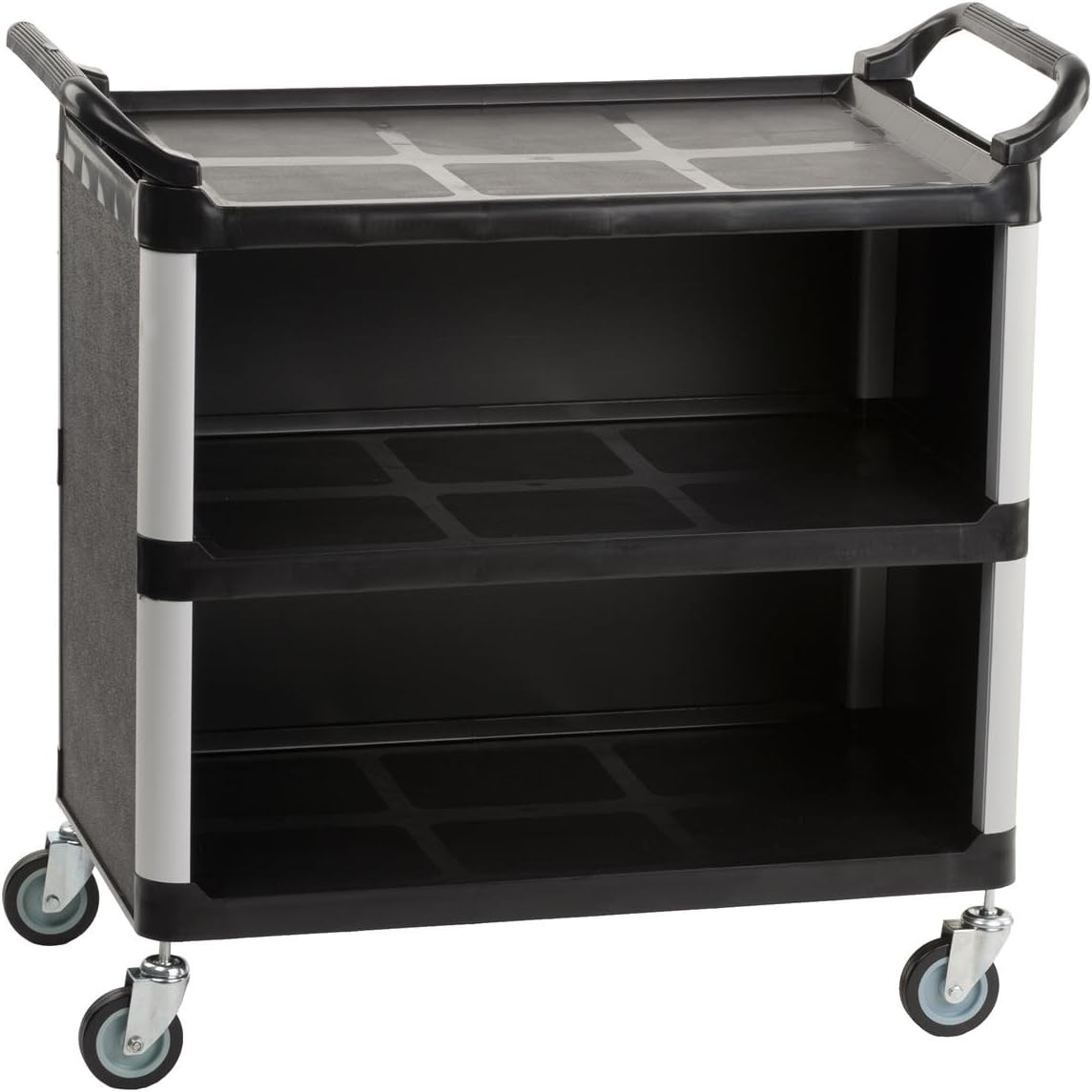 3-Shelf Utility Cart with Swivel Wheels, Enclosed Design with 2 Side Handles, Plastic and Aluminum (Black)