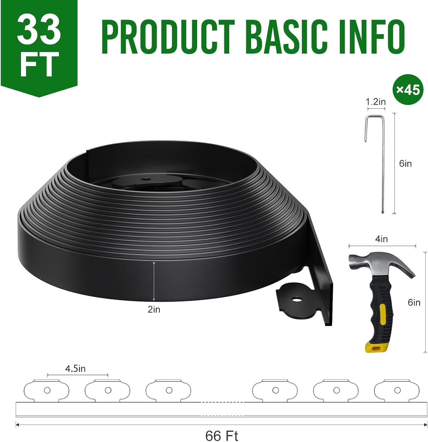 33FT Landscape Edging 2 in Tall with 45 Spikes, Garden Edging Border and 1 Hammer, Plastic Landscape Edging Border Lawn Edging for Landscaping, Flower Beds, Yard