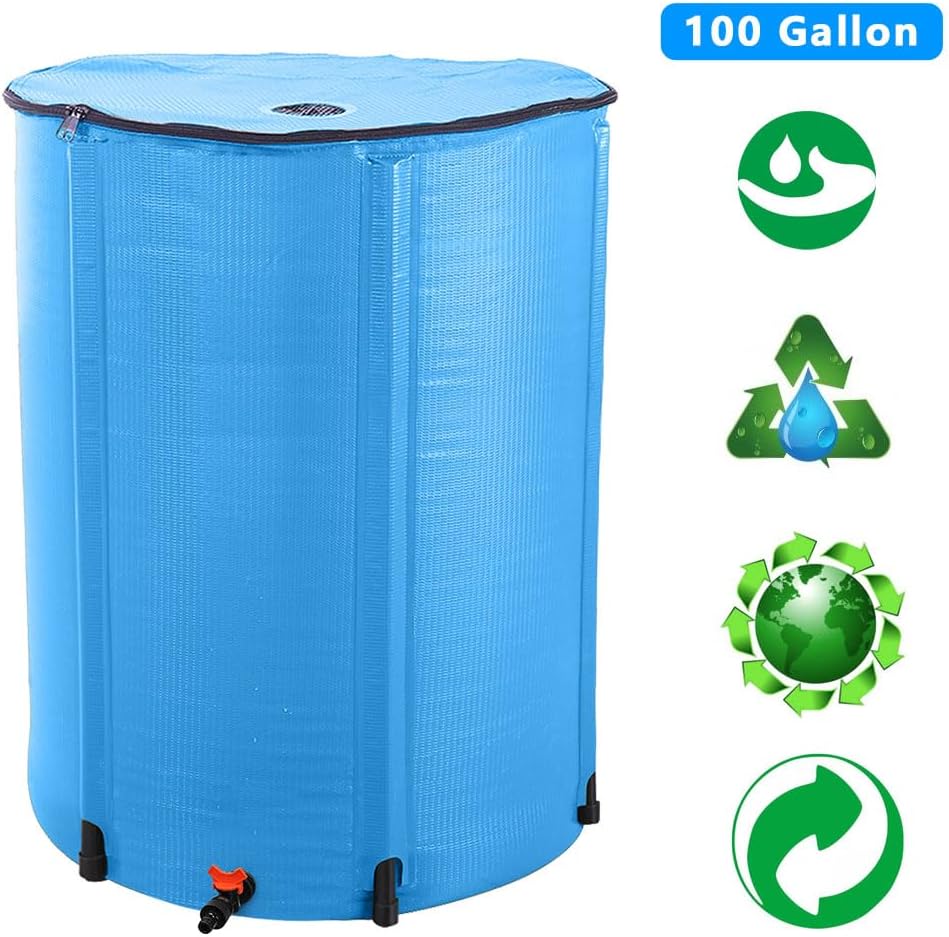 Collapsible Rain Barrel, 100 Gallon Portable Rainwater Collection System, Water Storage Tank, Rain Catcher Barrel with Spigots and Overflow Kit, Rain Water Barrel Collector for Garden, Blue