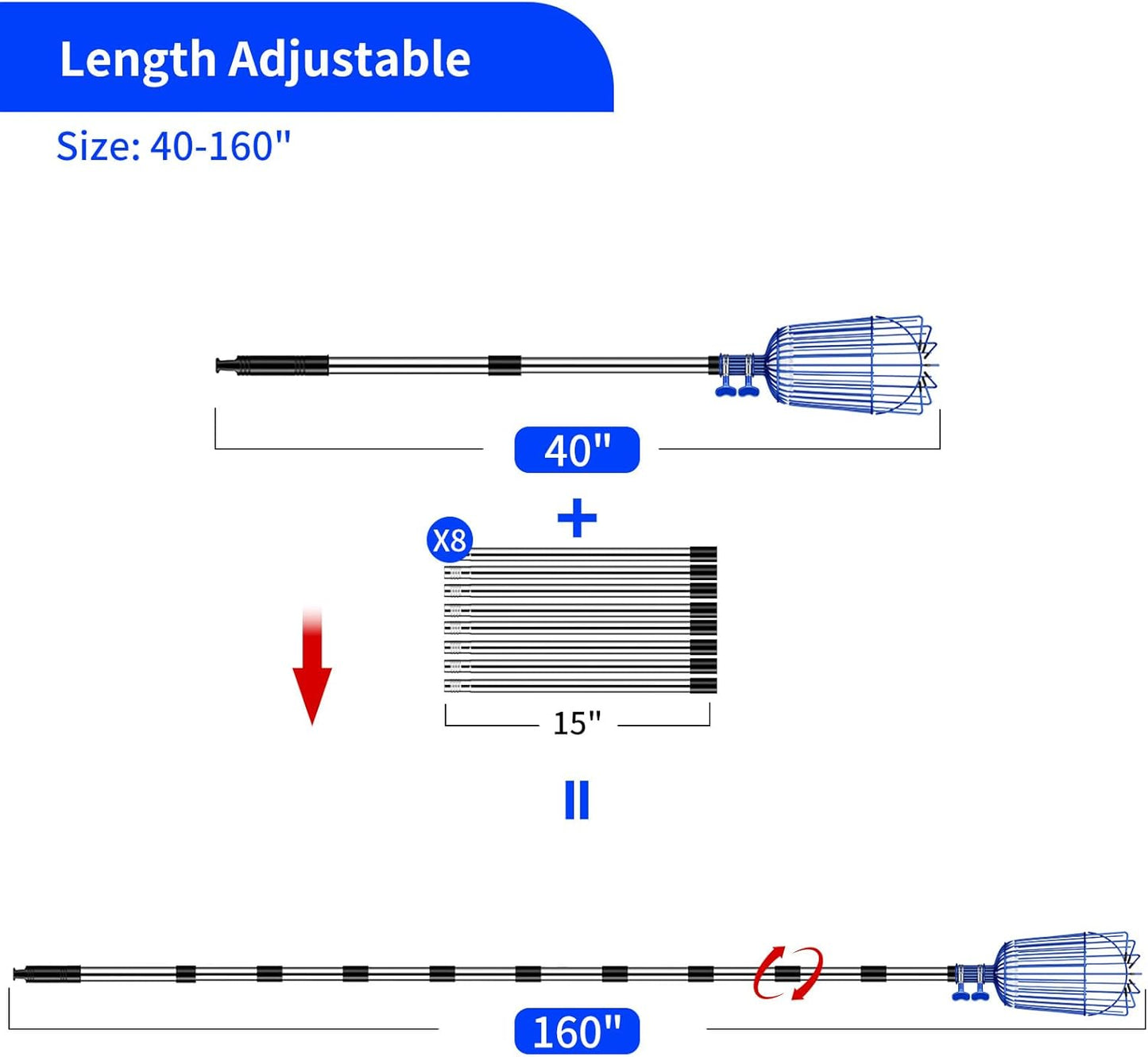 Fruit Picker Pole with Basket Segmented Fruit Picker Pole Tool for Apple Avocado Cherry Lemon Mango Orange Peach Picking(40-160")
