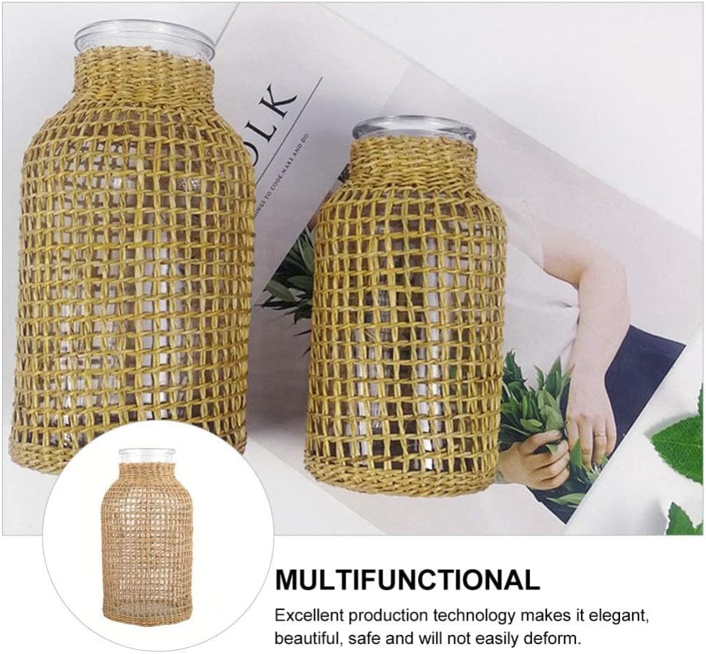 DOITOOL Glass Flower Vase With Rattan Cover, Round Decorative Woven Seagrass Farmhouse Floral Container for Arrangement Table Centerpiece Decor (Size S+L)