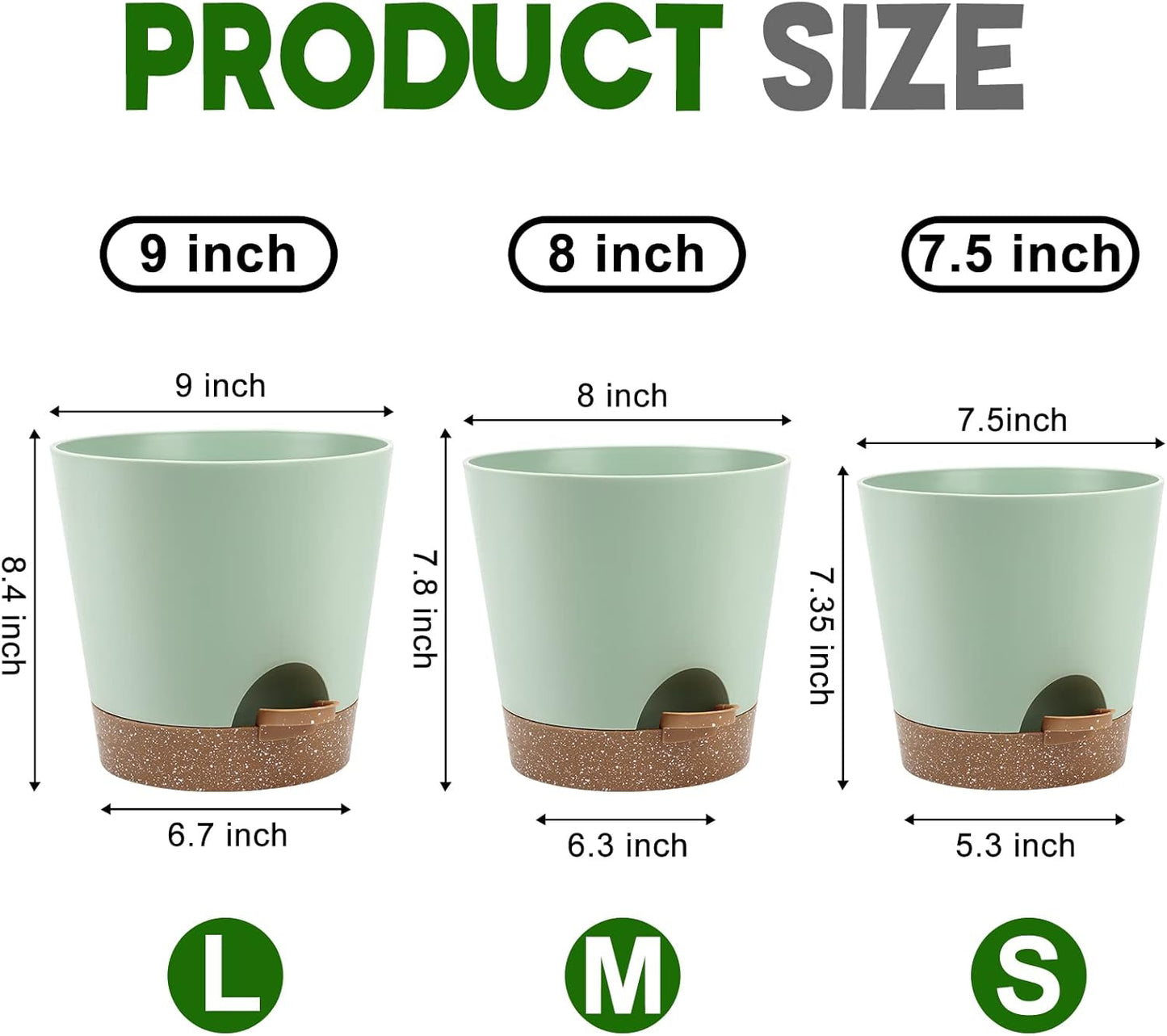 Indoor Self Watering Planters with Drainage Holes and Saucers, 9,8, 7.5 Inches, Green, 3 Pots (Springgreen)