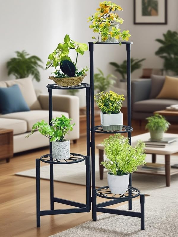 5 Tier Metal Plant Stand for Indoor Outdoor Foldable Corner Tall Plant Shelf for Multiple Plants Flower Pot Holder Display Stand for Living Room Balcony Garden Patio Black