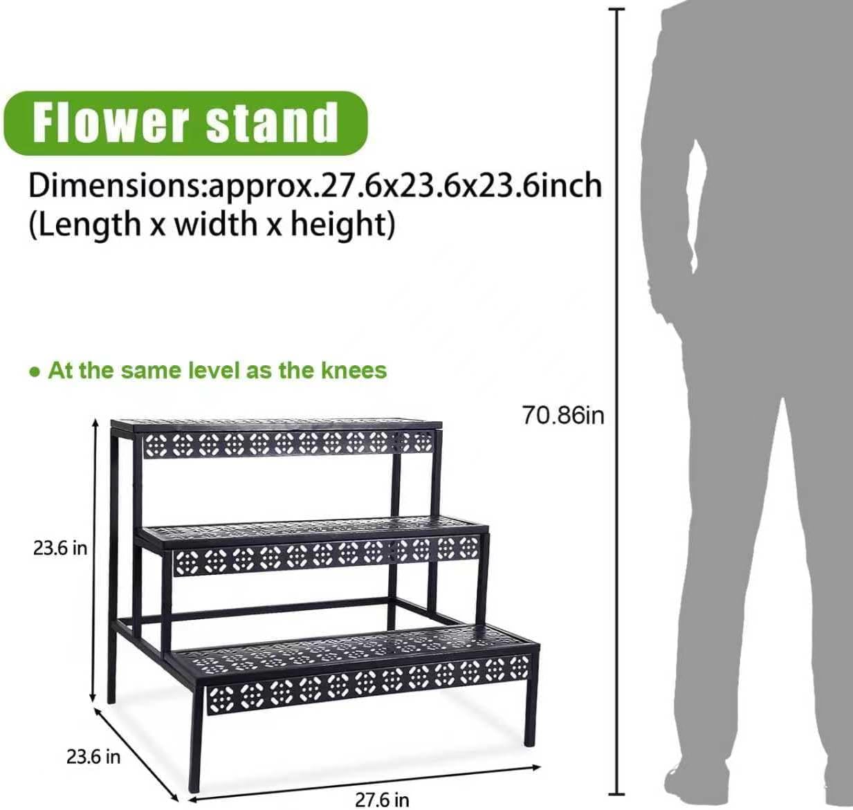 aboxoo 3 Tier Stair Style Large Metal Plant Stand, Garden Display Shelf Flower Pot Holder Storage Organizer Rack for Indoor Home Outdoor Patio Balcony Yard( Black, Rectangle)