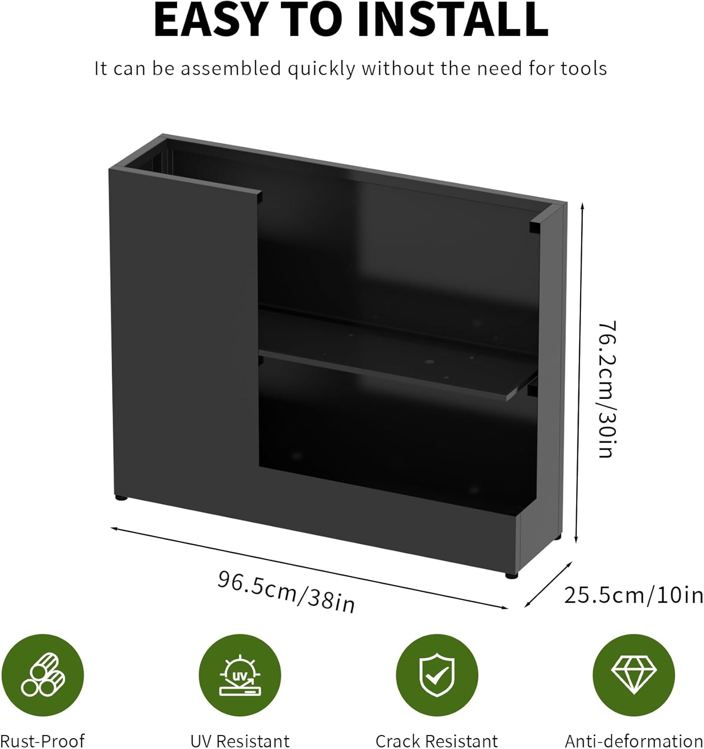 38" L x 10" W x 30" H Black Planter Box - Thickened Galvanized Steel with Weather-Resistant Coating, Heavy-Duty Raised Garden Bed for Outdoor Plants, Easy Assembly & Adjustable Feet