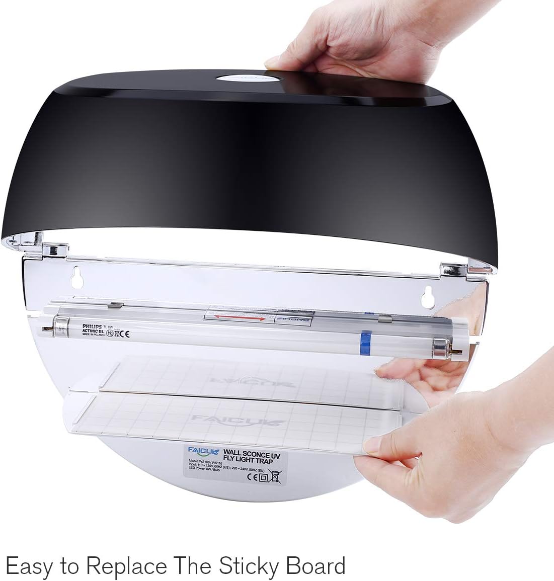 Faicuk WS108 Wall Sconce Fly Light Trap for Capturing Flies, Moths, Gnats, Mosquitos and Other Flying Insects - 13"x7.5"x5.5" (Black)