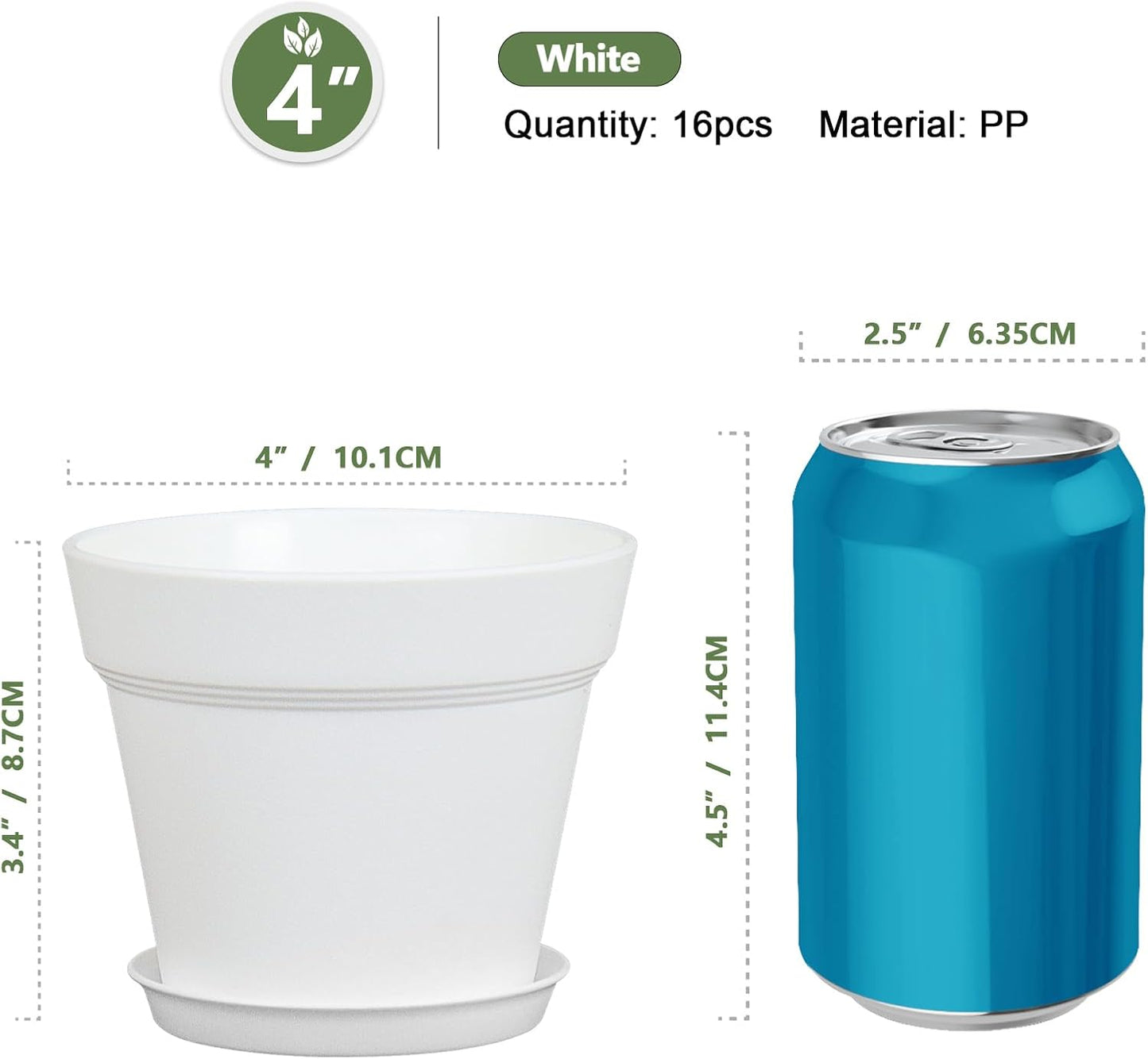 4 inch Small Plastic Nursery Pots, 16 Pack Plant Pots for Indoor Outdoor Plants, Flower Pots with Drainage Holes and Saucers, Decorative Seedling Starter Planters for House Plants, White