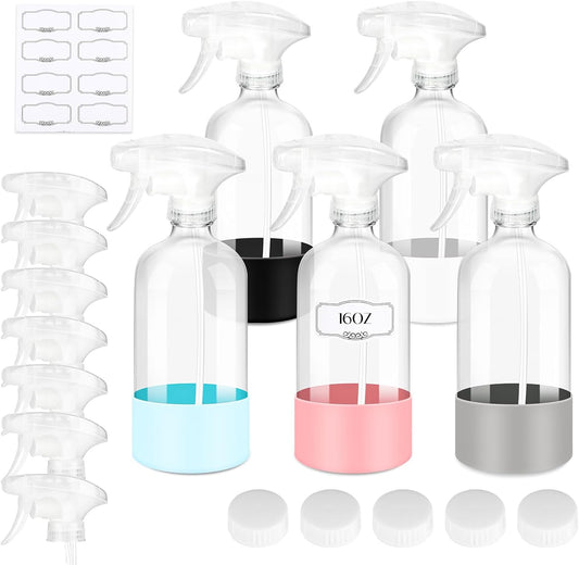 5 PACK/16 OZ Glass Spray Bottles with Upgraded Adjustable Spray Nozzle, Refillable Containers with Silicone Sleeve, Spray Bottle for Hair&Cleaning Solutions&Essential Oils-Pink Blue Gray Black White
