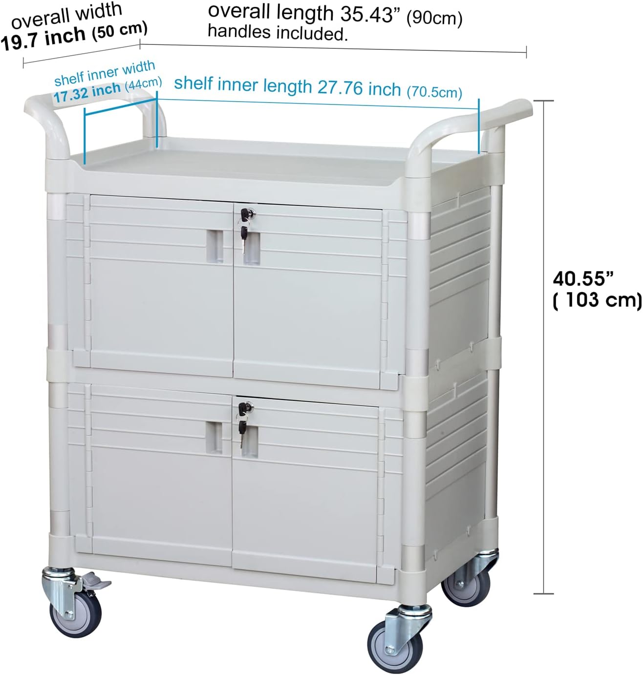 JaboEquip Large Lockable Medical Cart 3 Shelf Hospital Cart Overall Size L34.43xD19.69 inch, JBG-3D2, 606 lbs Load Cap. Off-White (Light Grey) Color