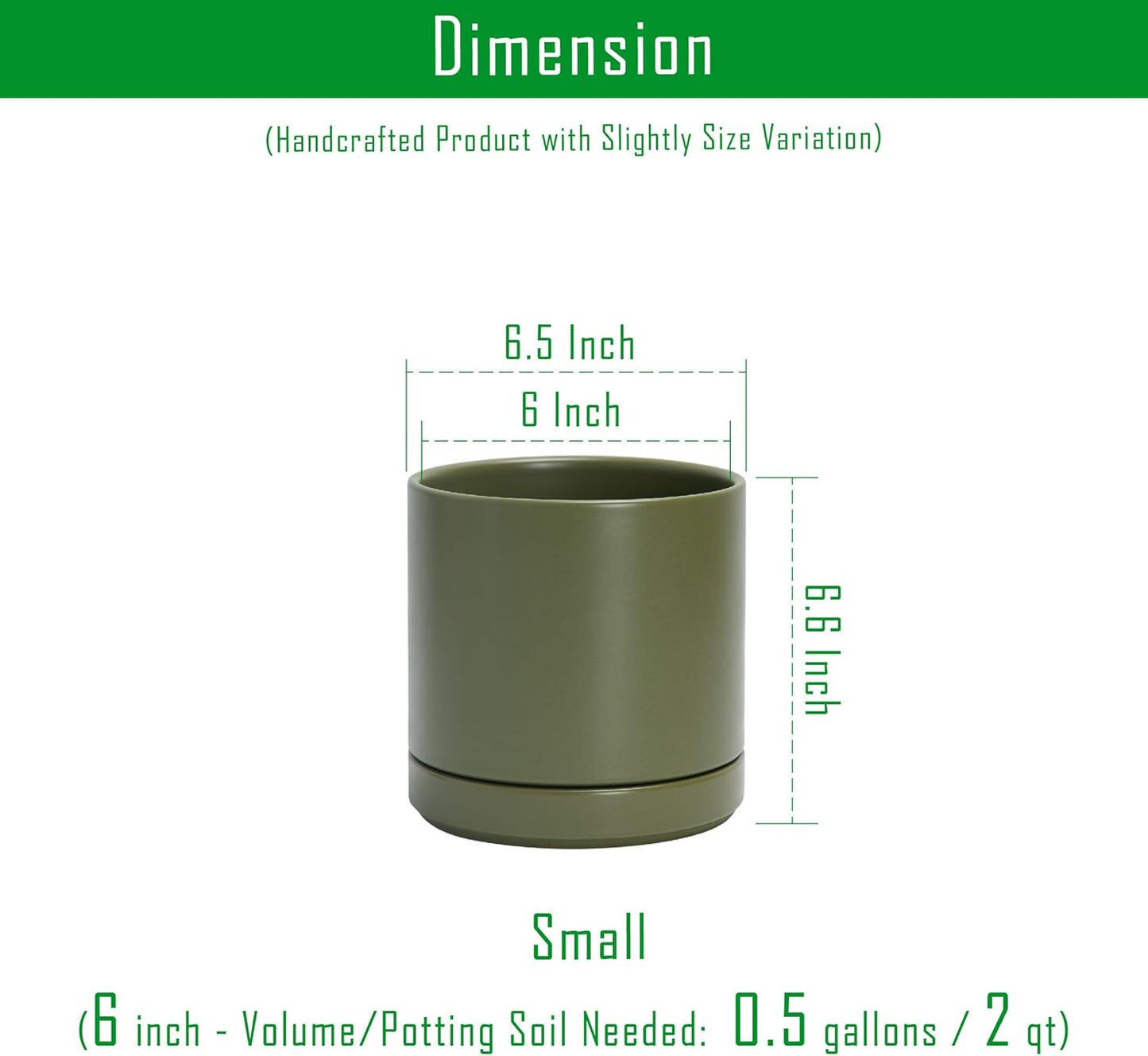 D'vine Dev Set of 2 Plants Pots, 6.5 Inch Ceramic Planter Pot for Plants with Drainage Hole and Saucer, Olive, 94-V-C-J