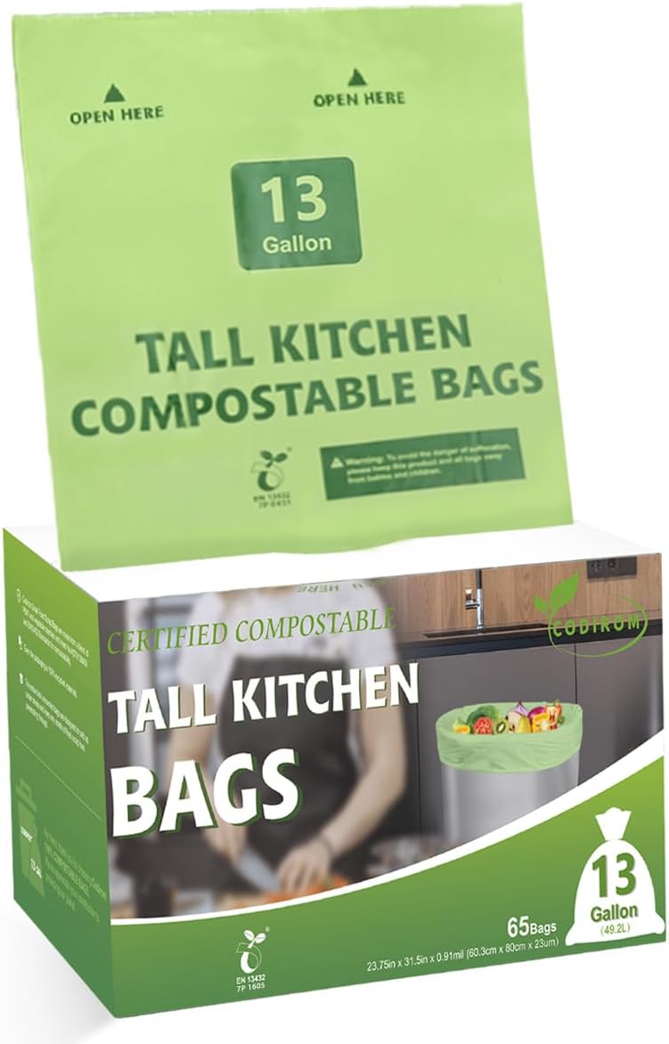 100% Compostable Trash Bags, 13 Gallon, 49.2 Liter, 0.91 Mils, 65 Count Kitchen Tall Food Scrap Compost Bags for Tall Kitchen Trash Cans with Europe EN13432 Certified