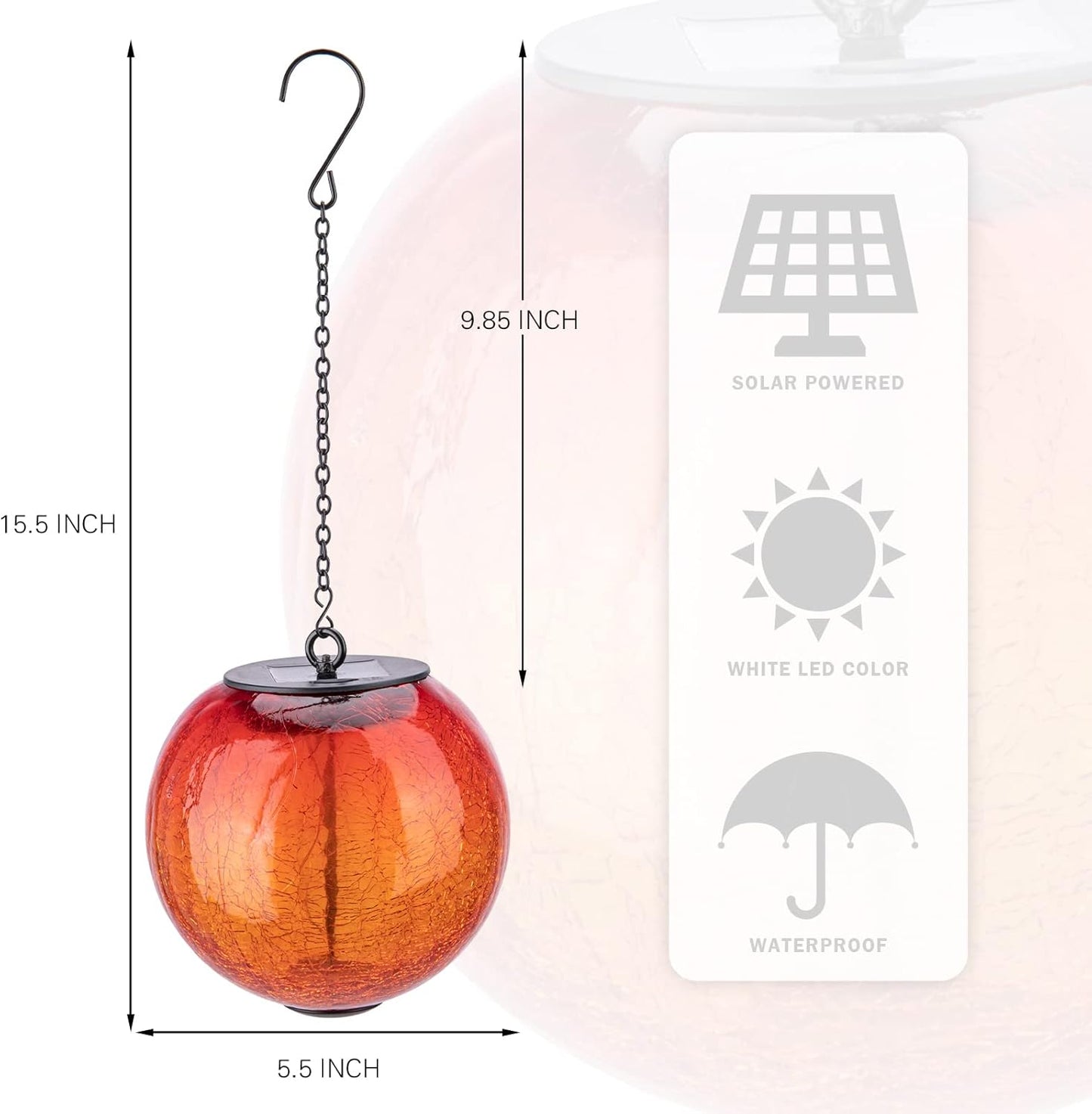 Hanging Solar Lights Outdoor Solar Lanterns Outdoor Decorative Cracked Glass Ball Lights Solar Powered Waterproof LED Globe Lantern for Outdoor Porch Patio Garden Decor Gift Orange